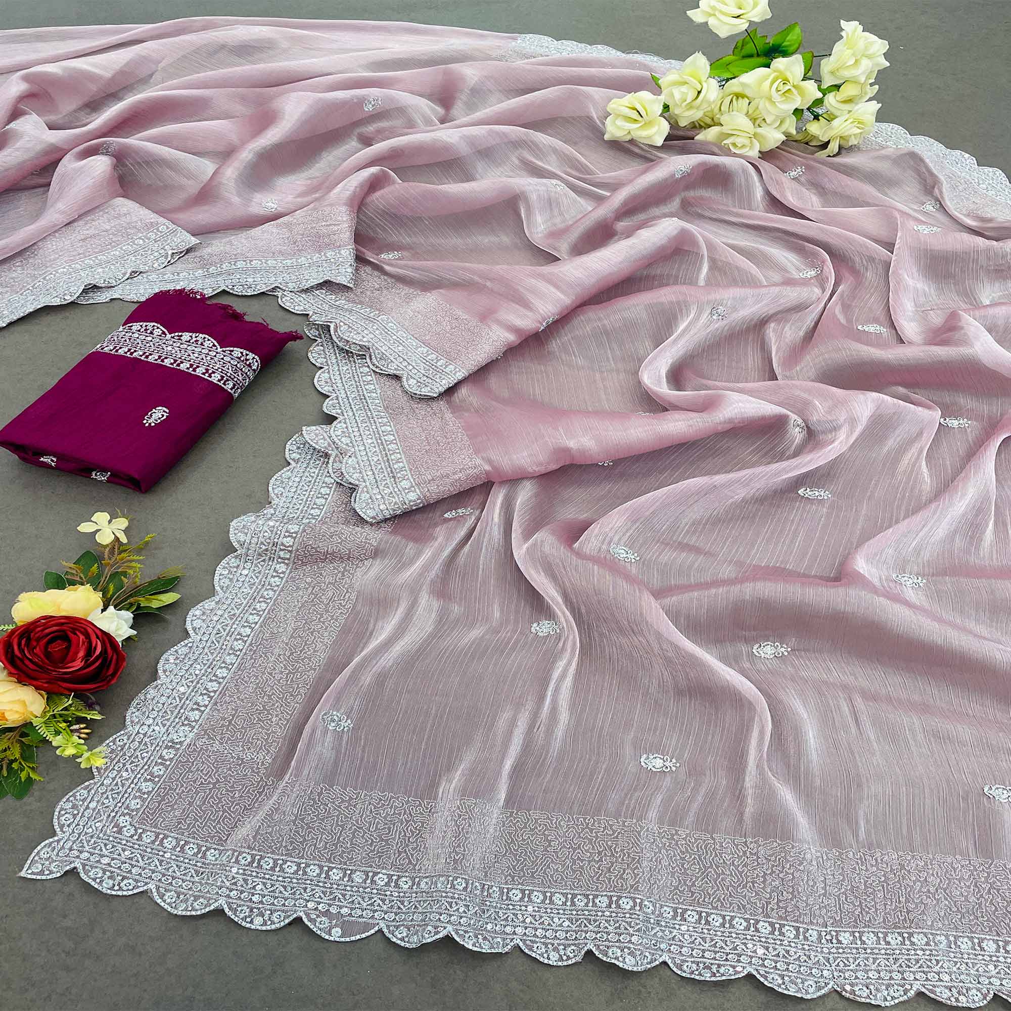 Pink Sequins Embroidered Chiffon Saree