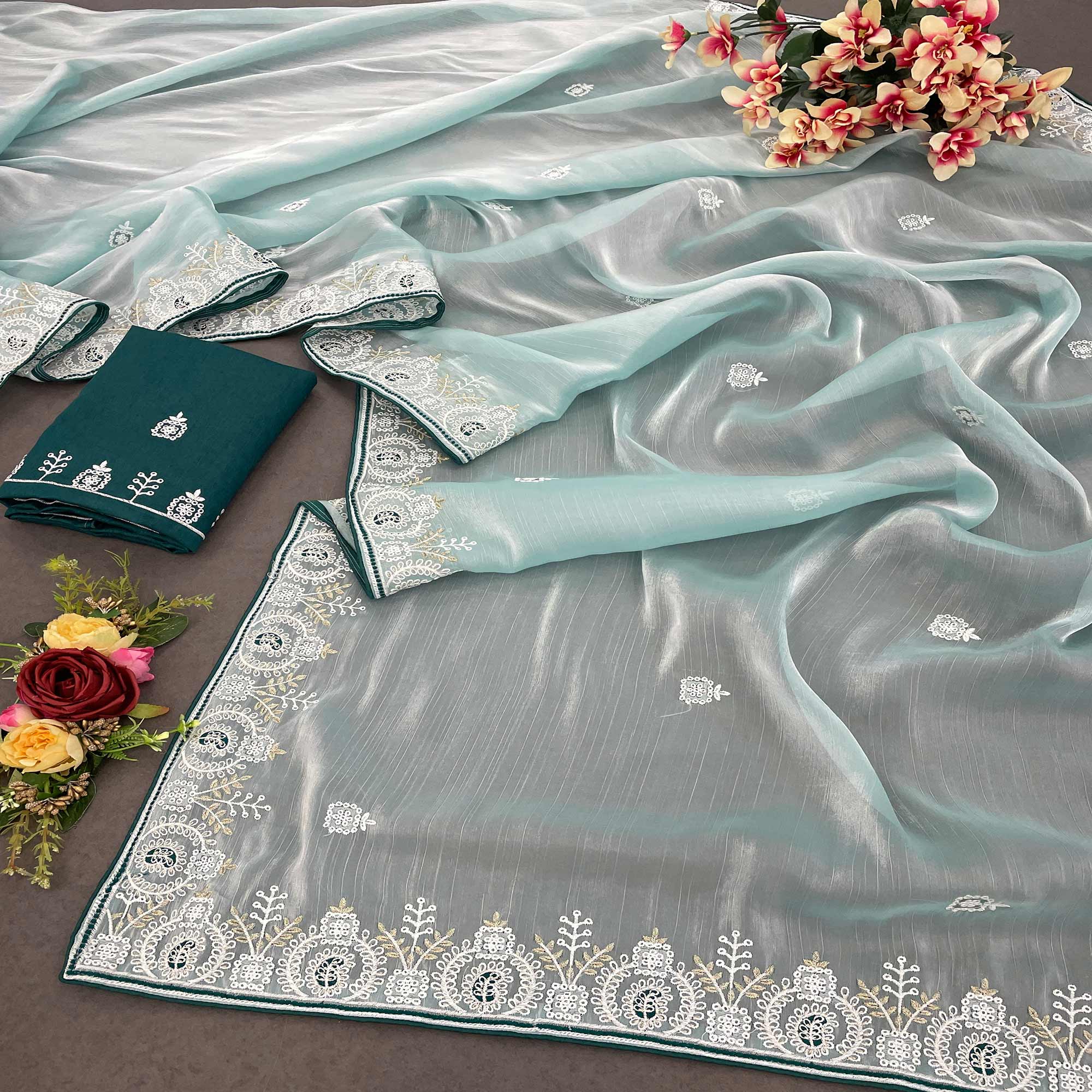 Blue Sequins Embroidered Chiffon Silk Saree