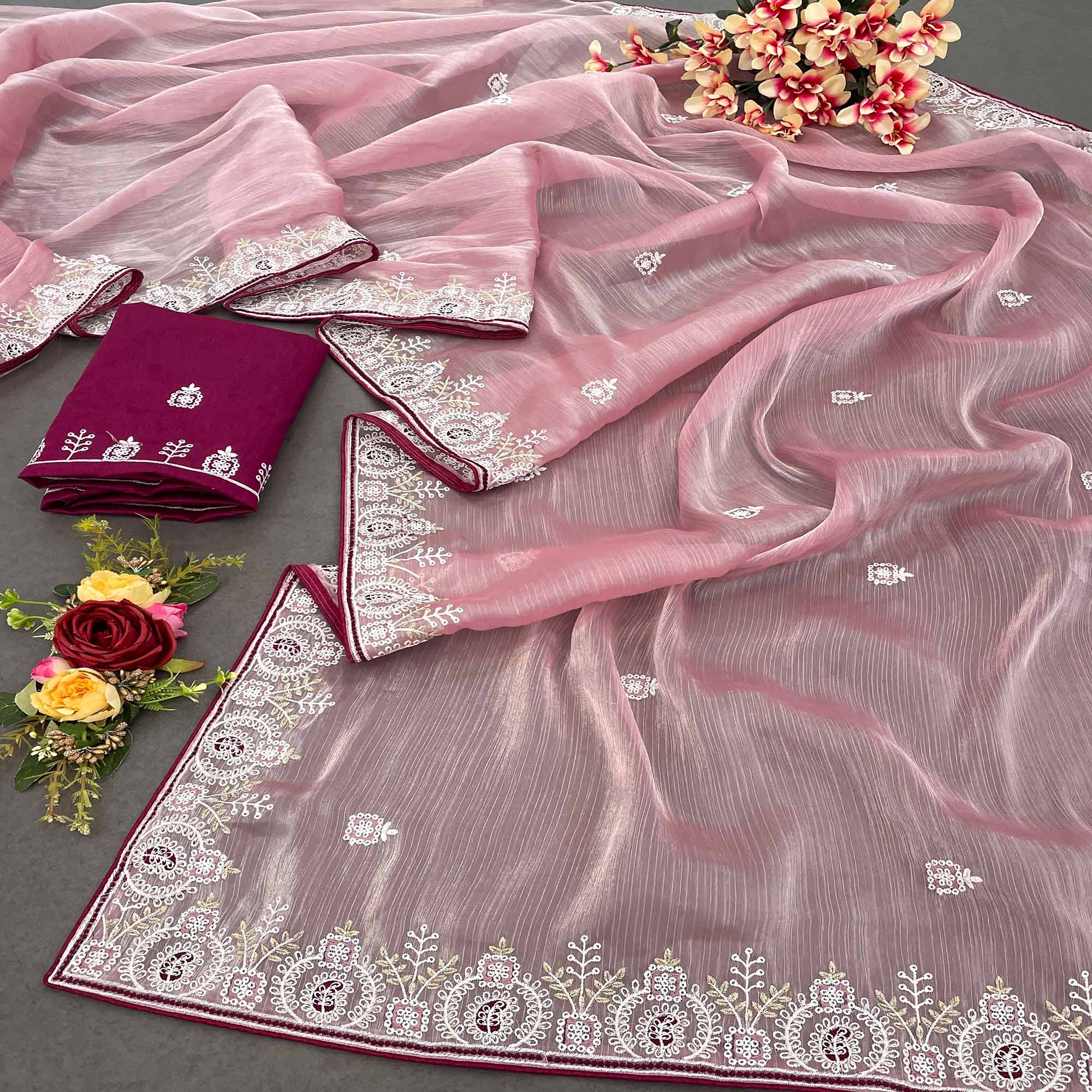 Pink Sequins Embroidered Chiffon Silk Saree