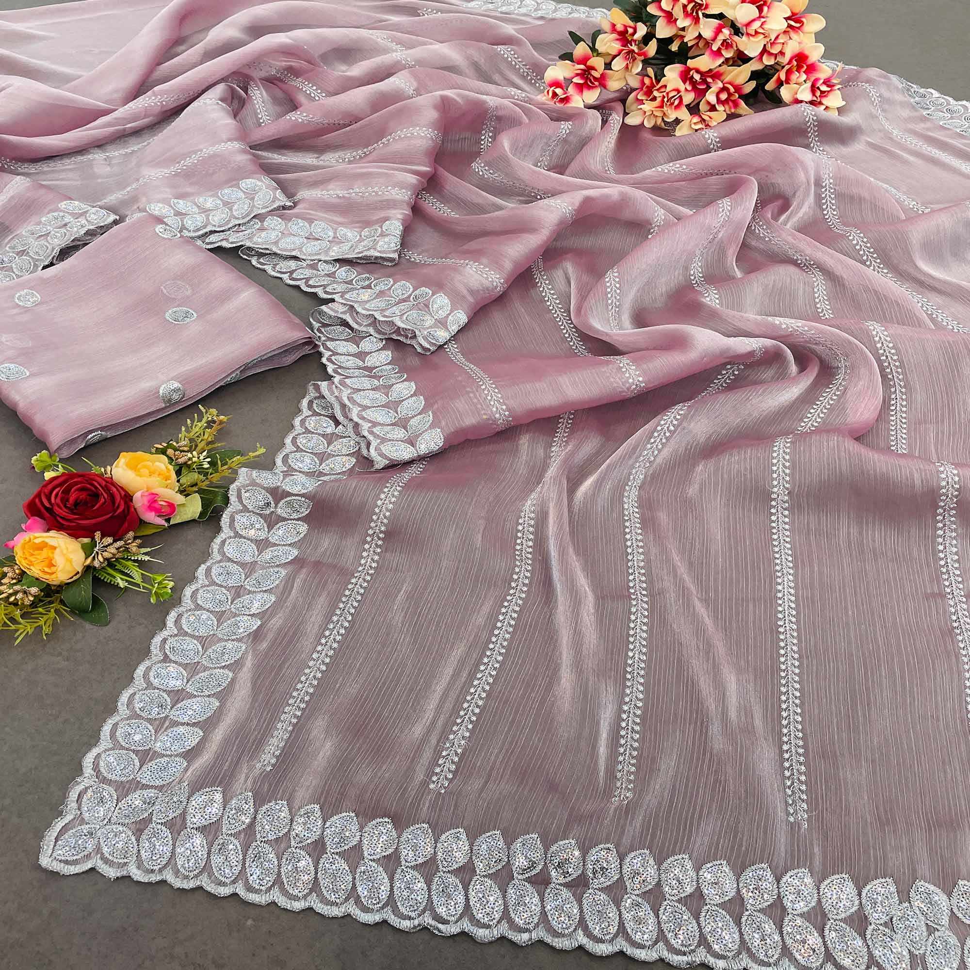 Light Mauve Sequins Embroidered Chiffon Silk Saree