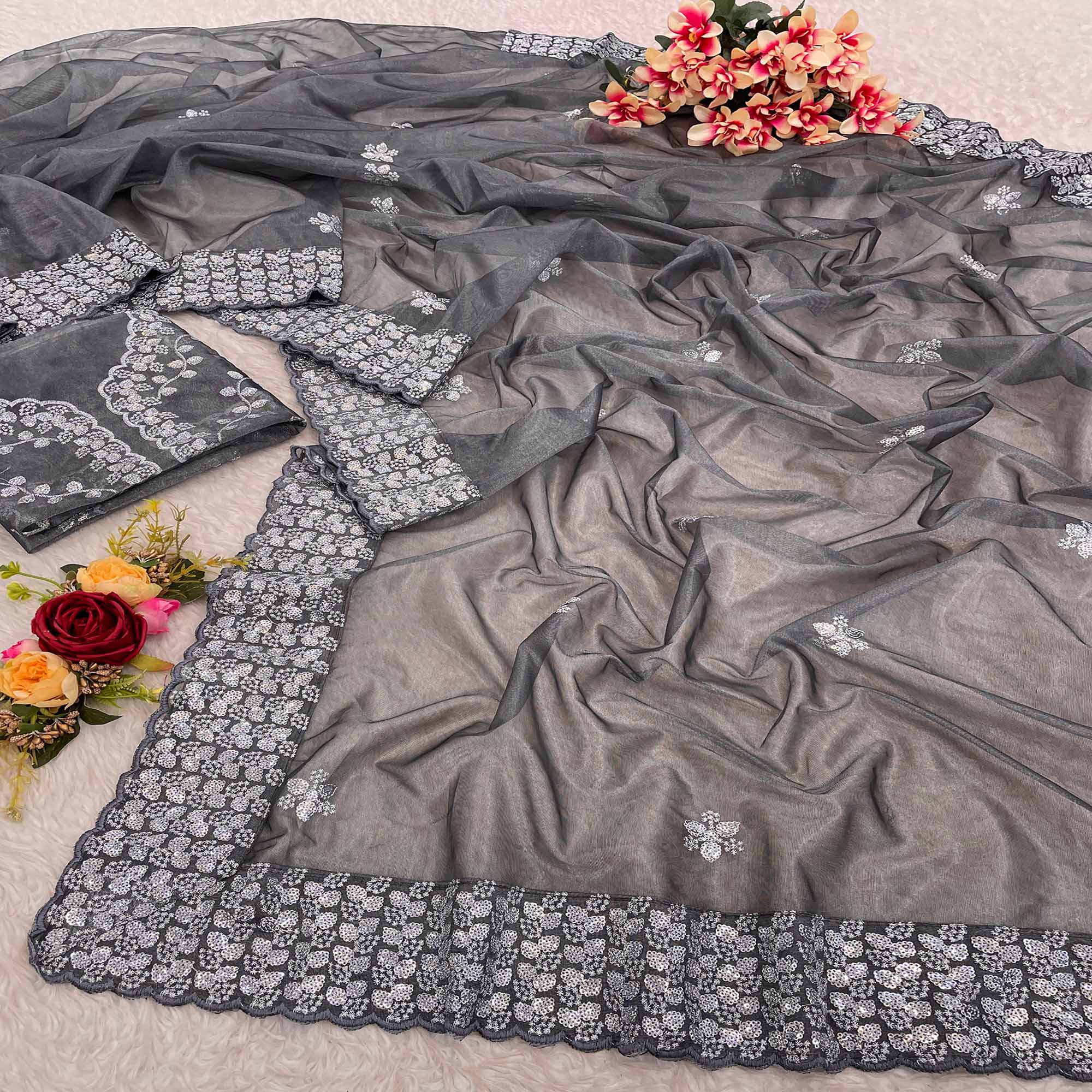 Grey Floral Embroidered Net Saree