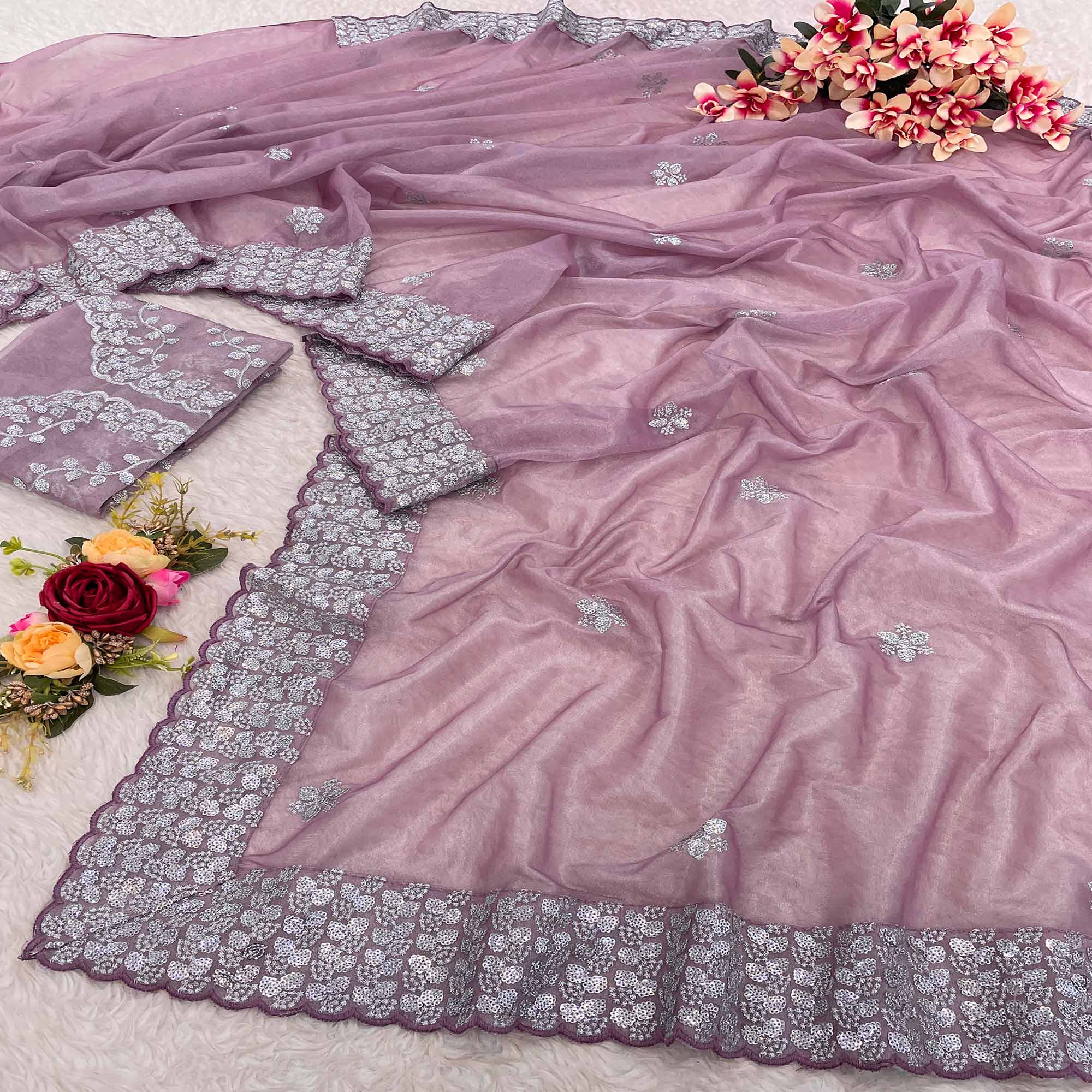 Mauve Floral Embroidered Net Saree