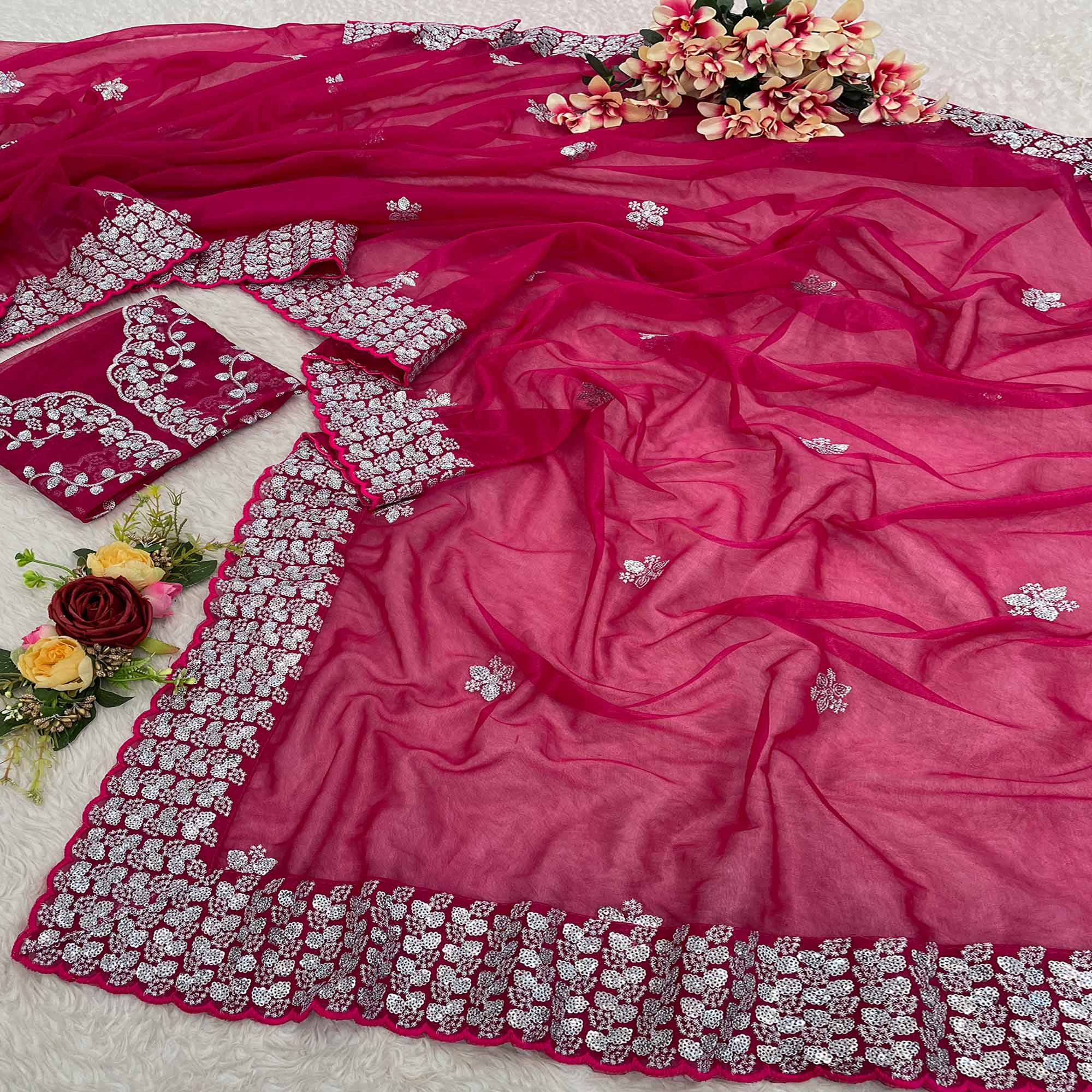 Pink Floral Embroidered Net Saree