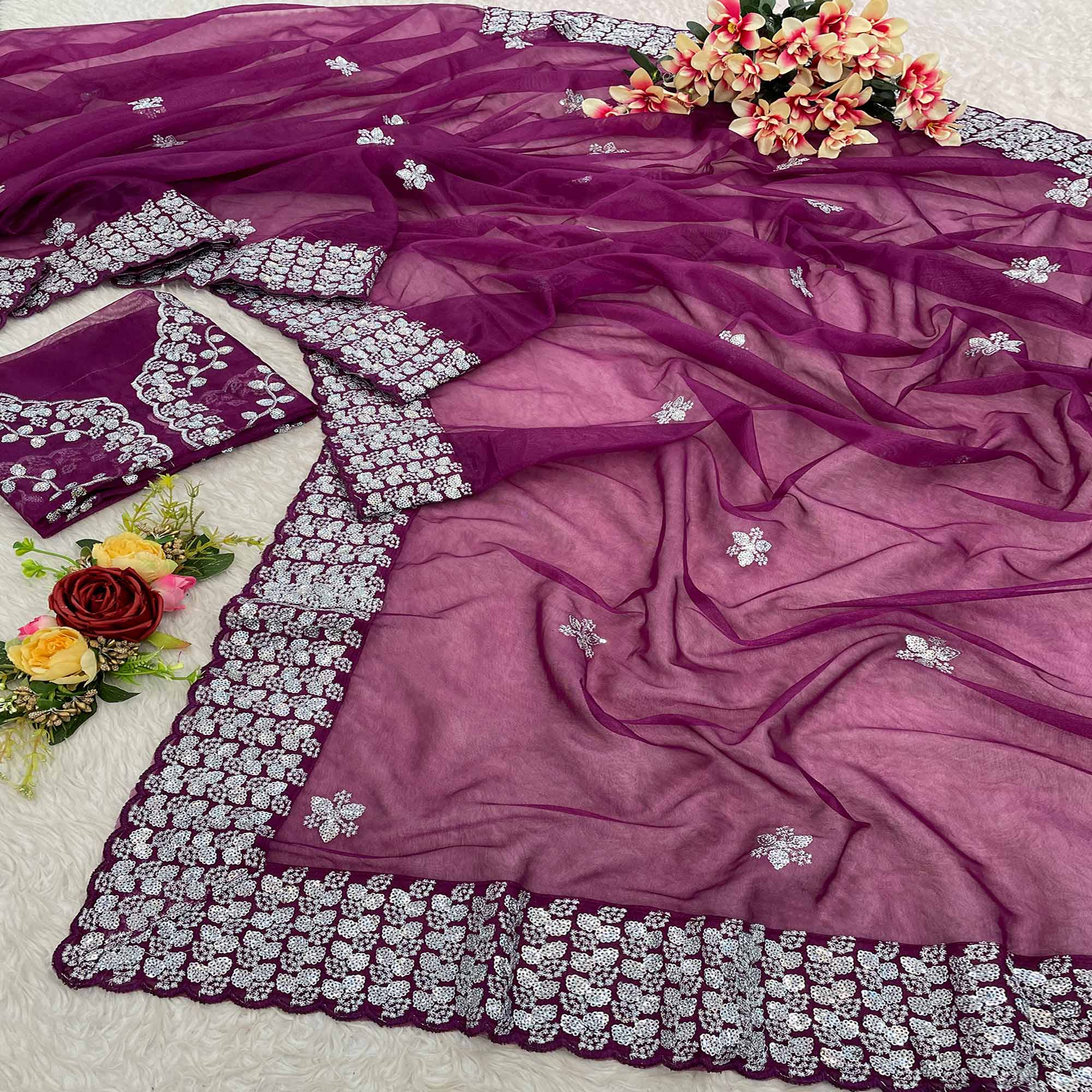 Purple Floral Embroidered Net Saree