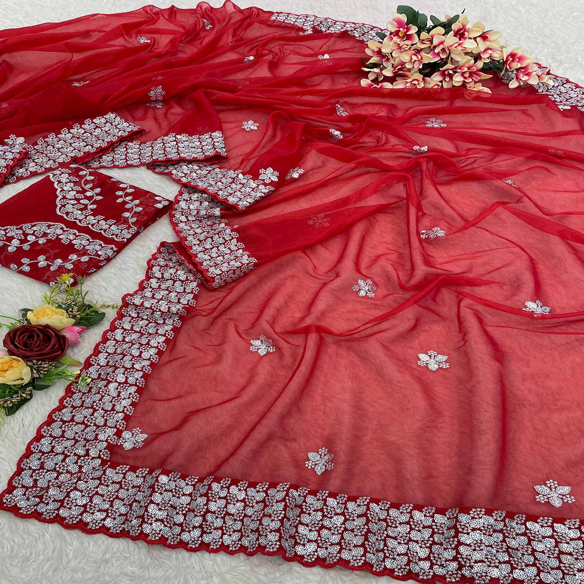 Red Floral Embroidered Net Saree