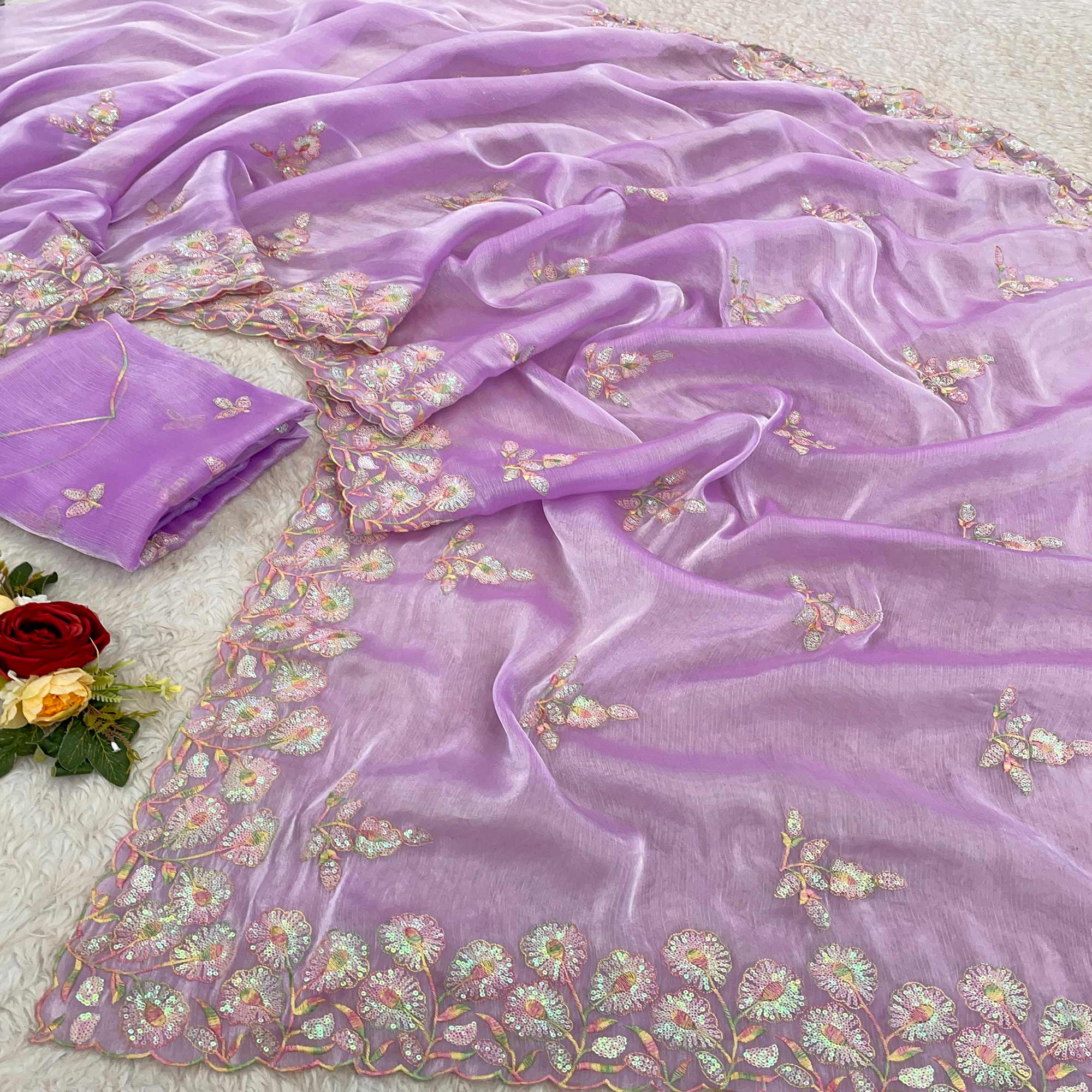 Purple Sequins Embroidered Chiffon Saree