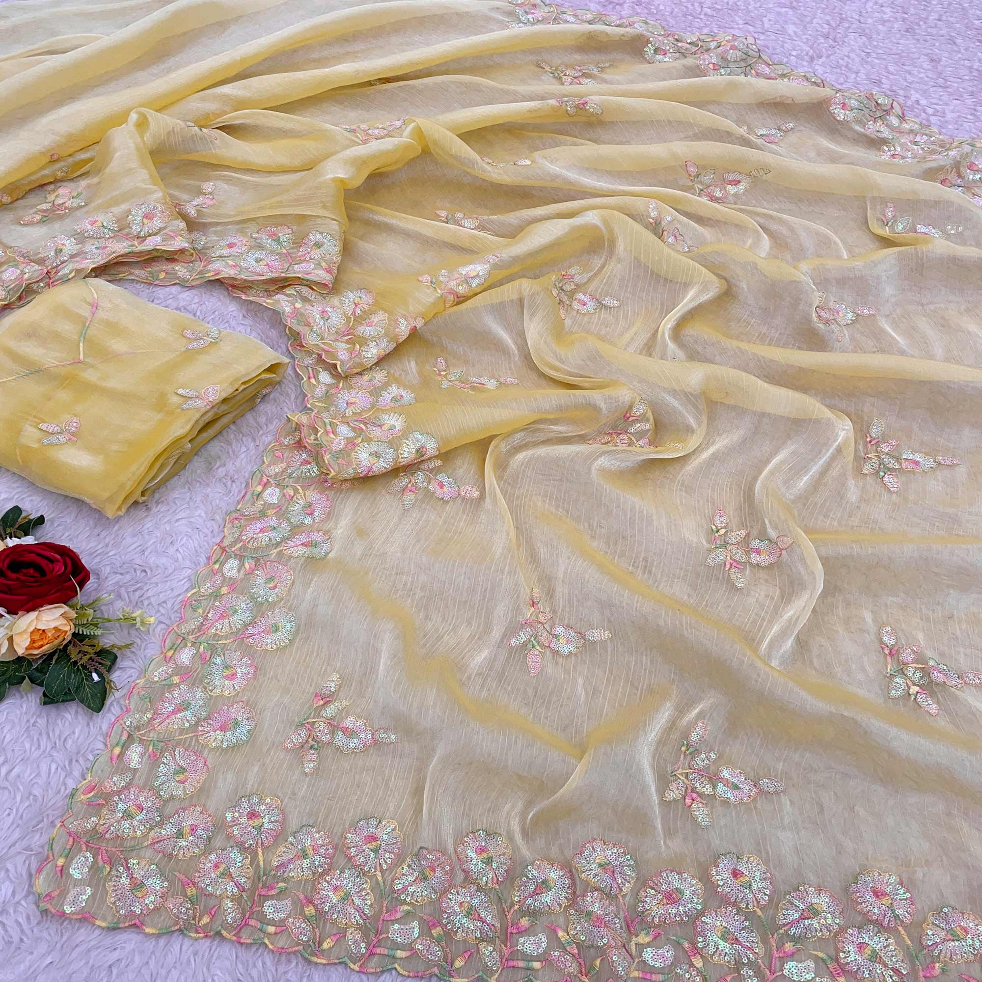 Yellow Sequins Embroidered Chiffon Saree