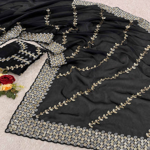 Black Sequins Embroidered Satin Saree