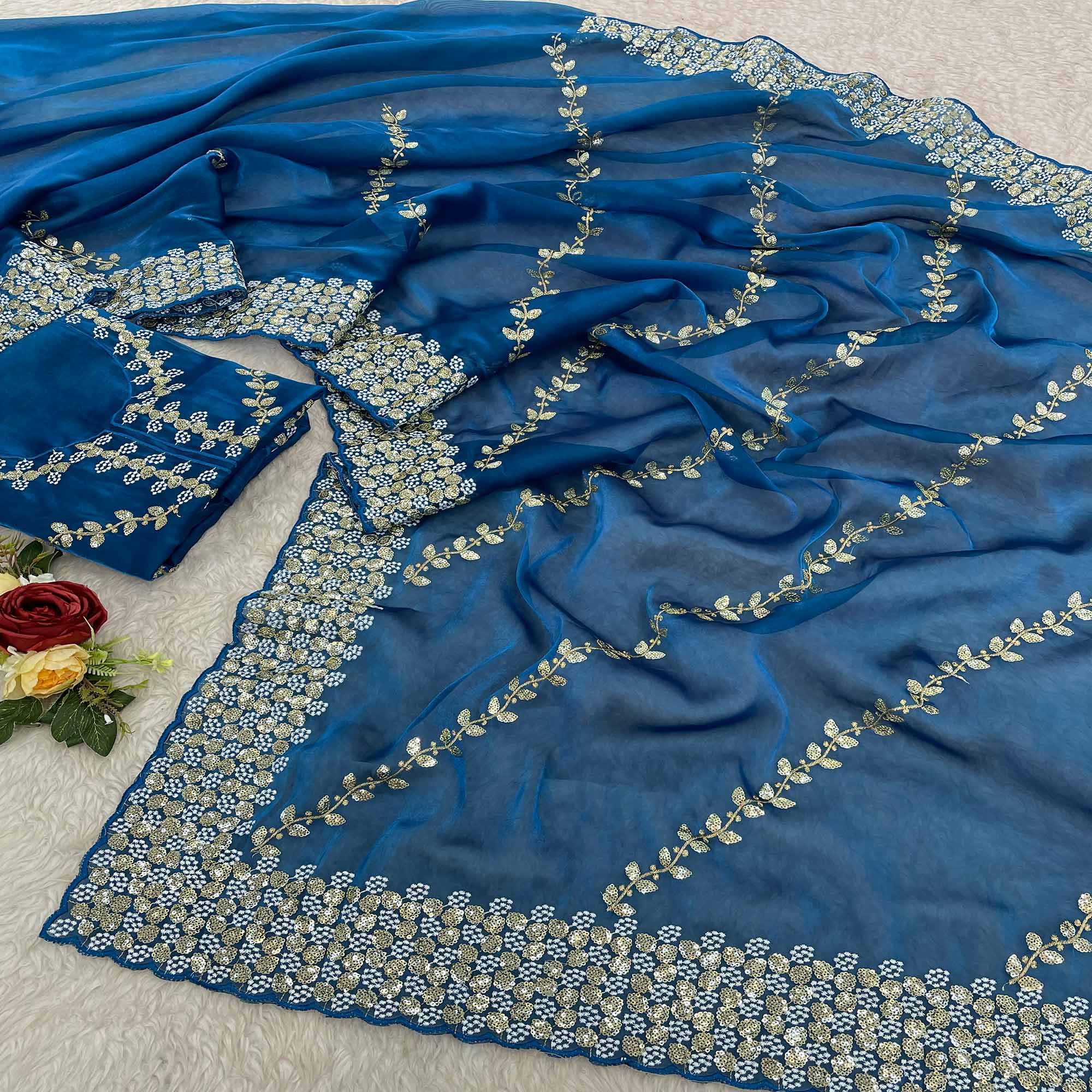 Blue Sequins Embroidered Satin Saree