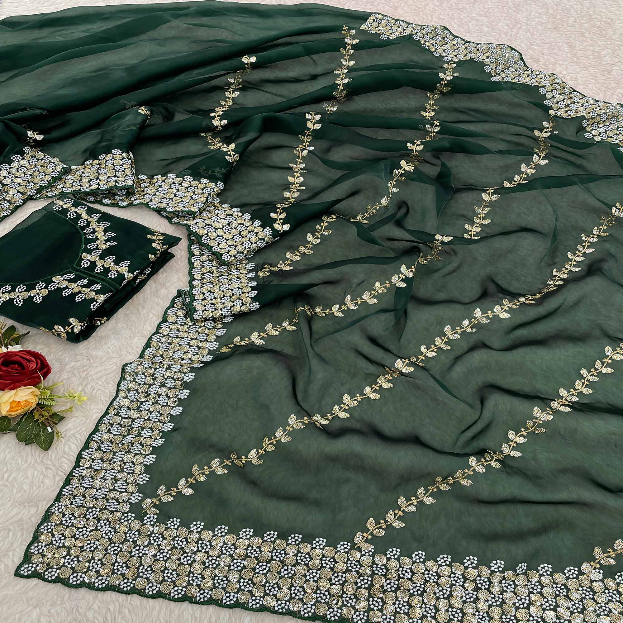 Green Sequins Embroidered Satin Saree