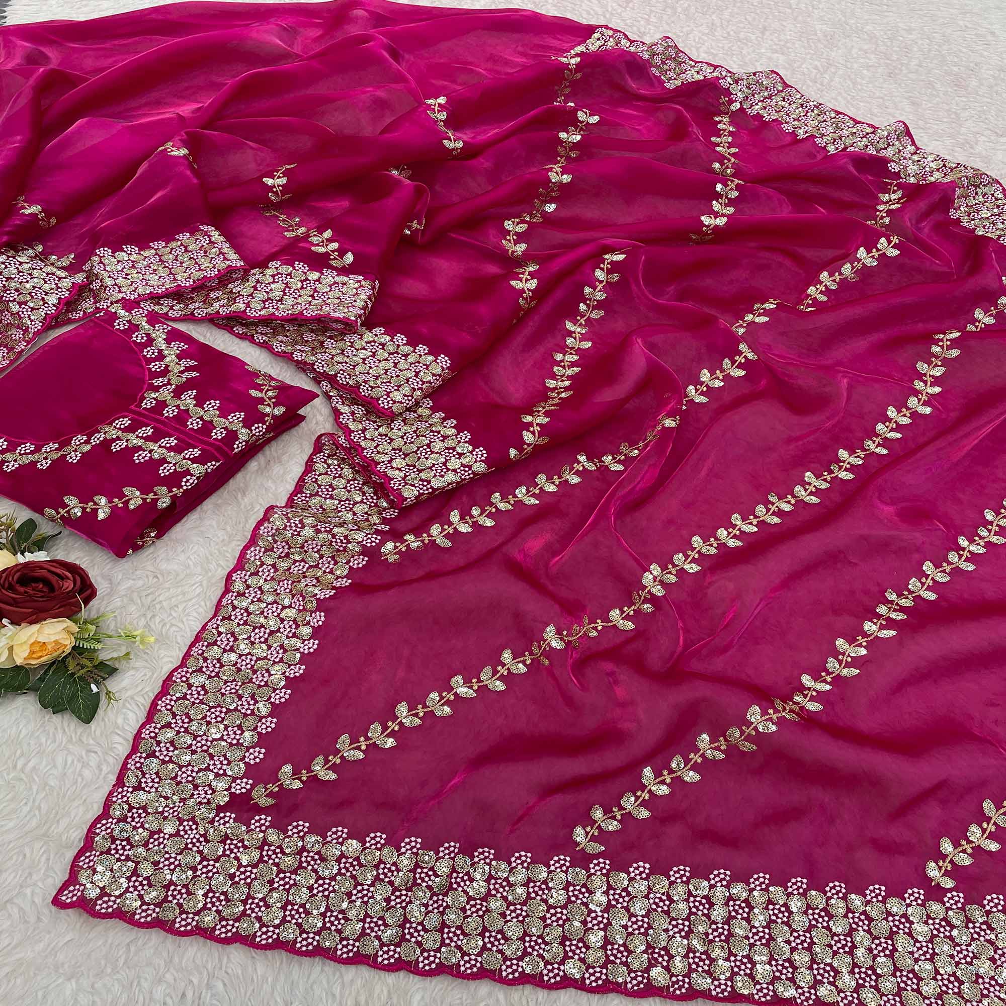 Pink Sequins Embroidered Satin Saree