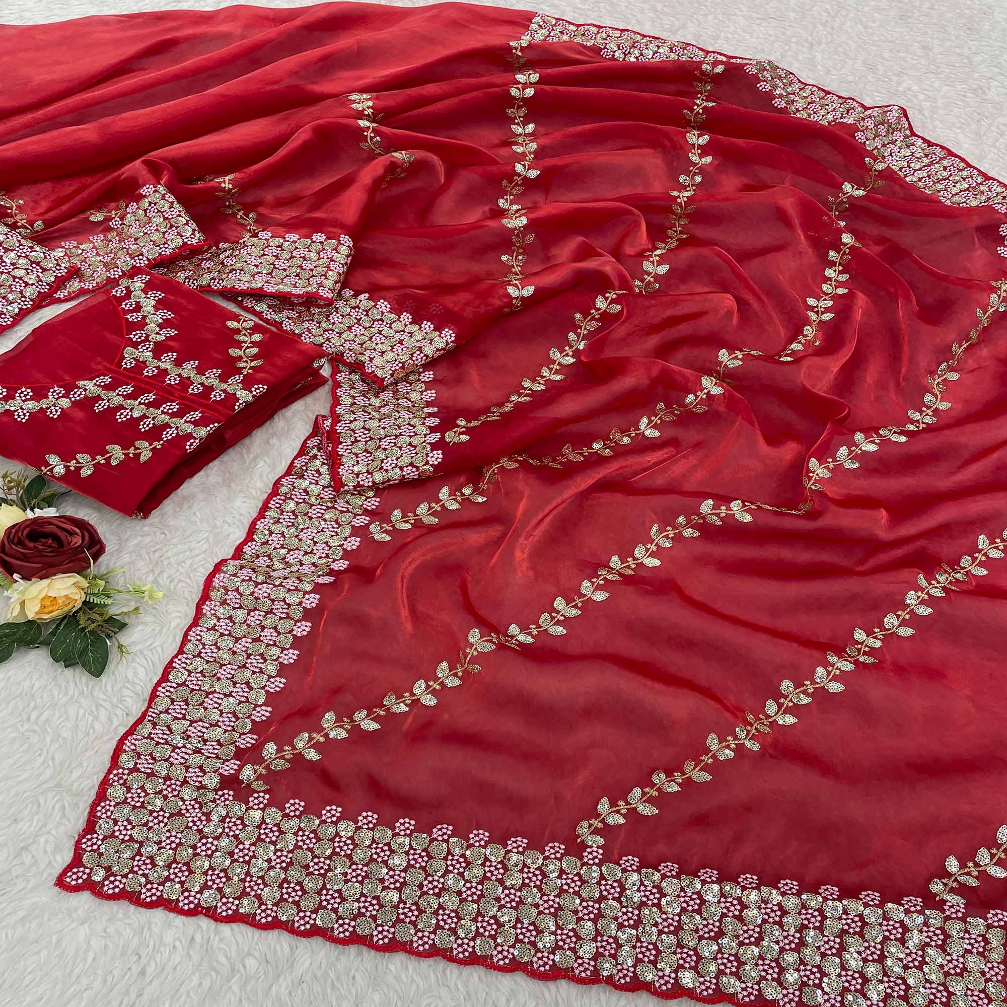 Red Sequins Embroidered Satin Saree