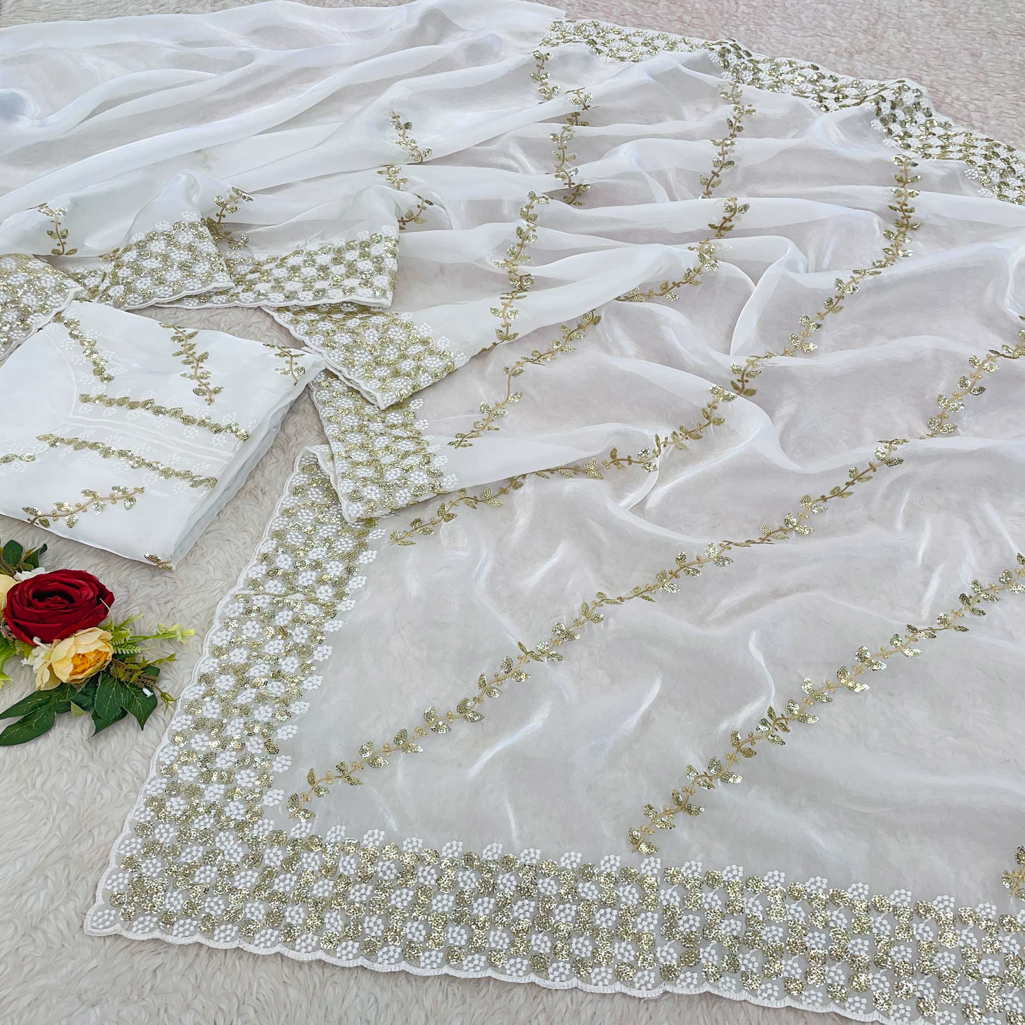 White Sequins Embroidered Satin Saree