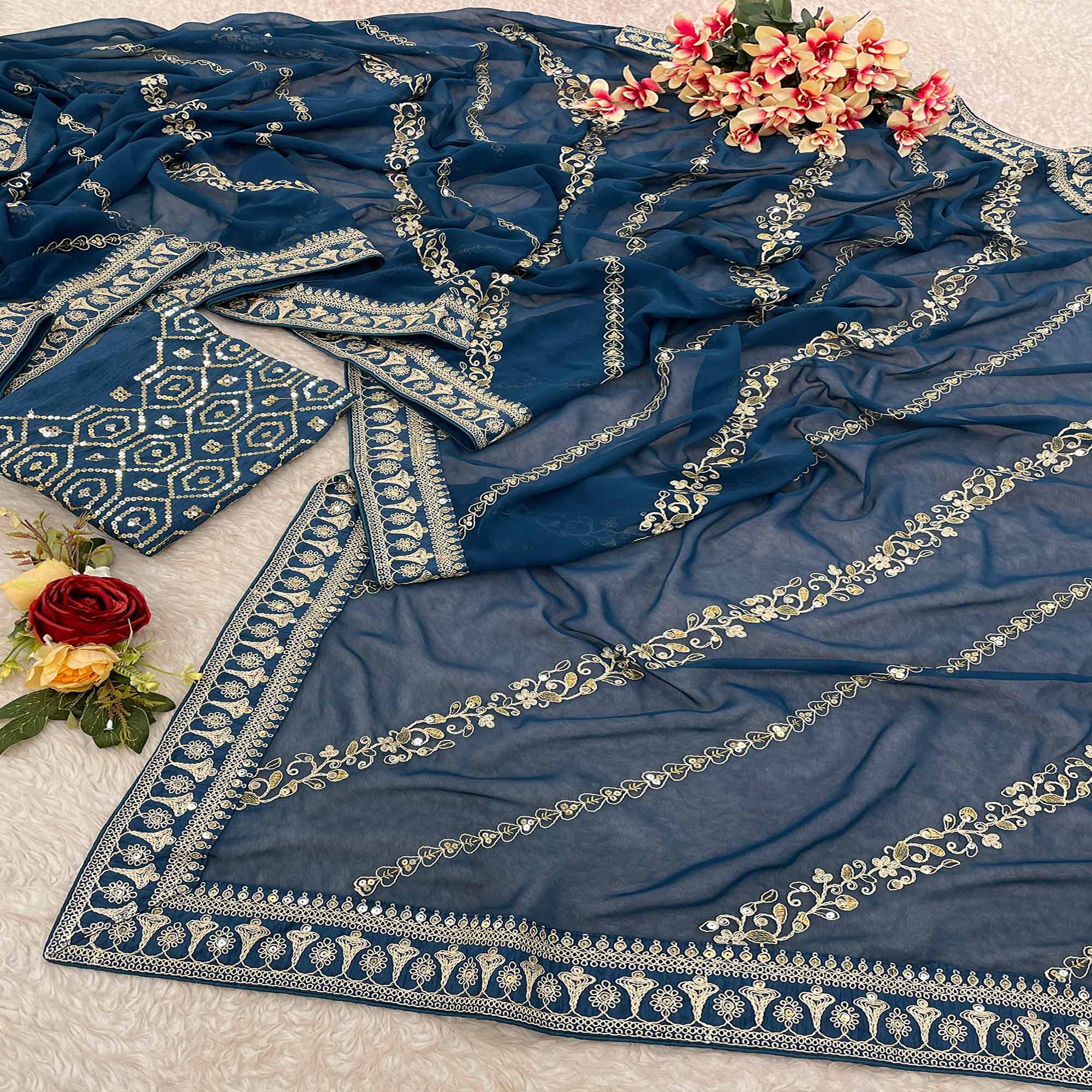 Blue Sequins Embroidered Georgette Saree