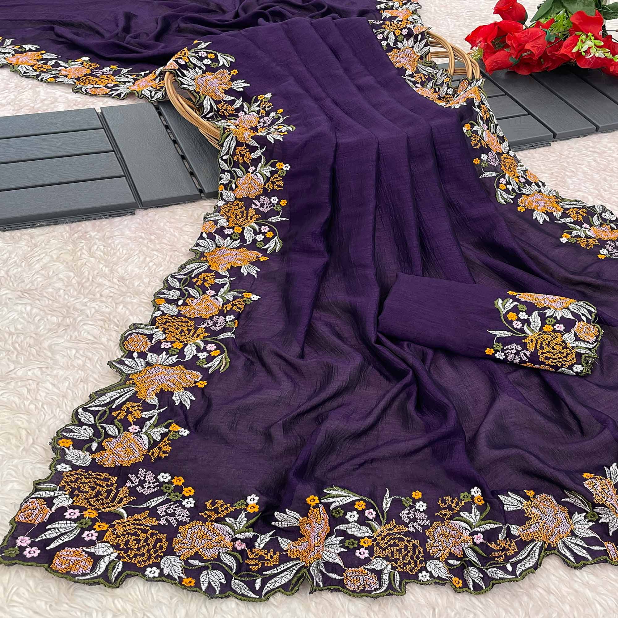 Purple Embroidery Vichitra Silk Saree With Floral Border