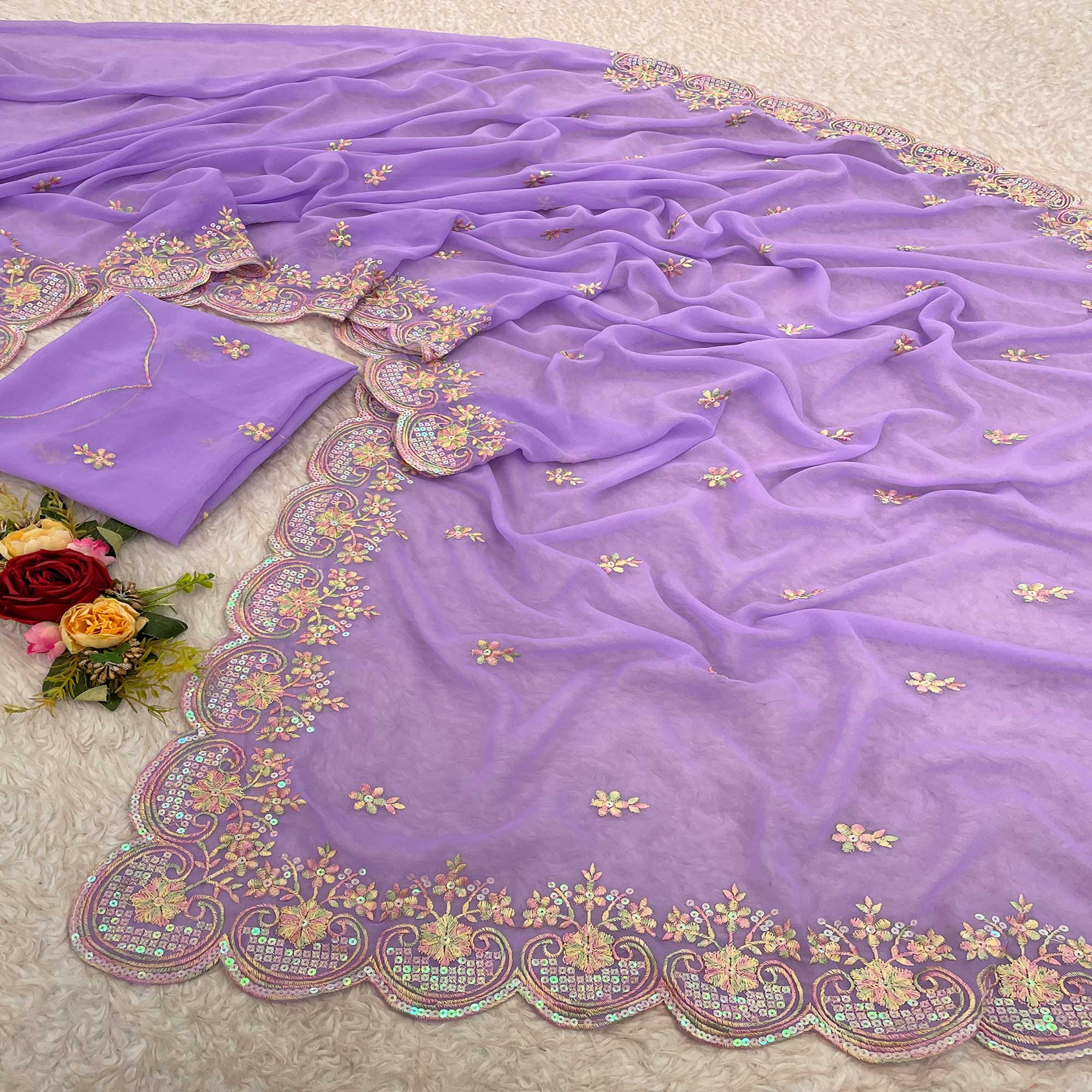 Lavender Floral Sequins Embroidered Georgette Saree