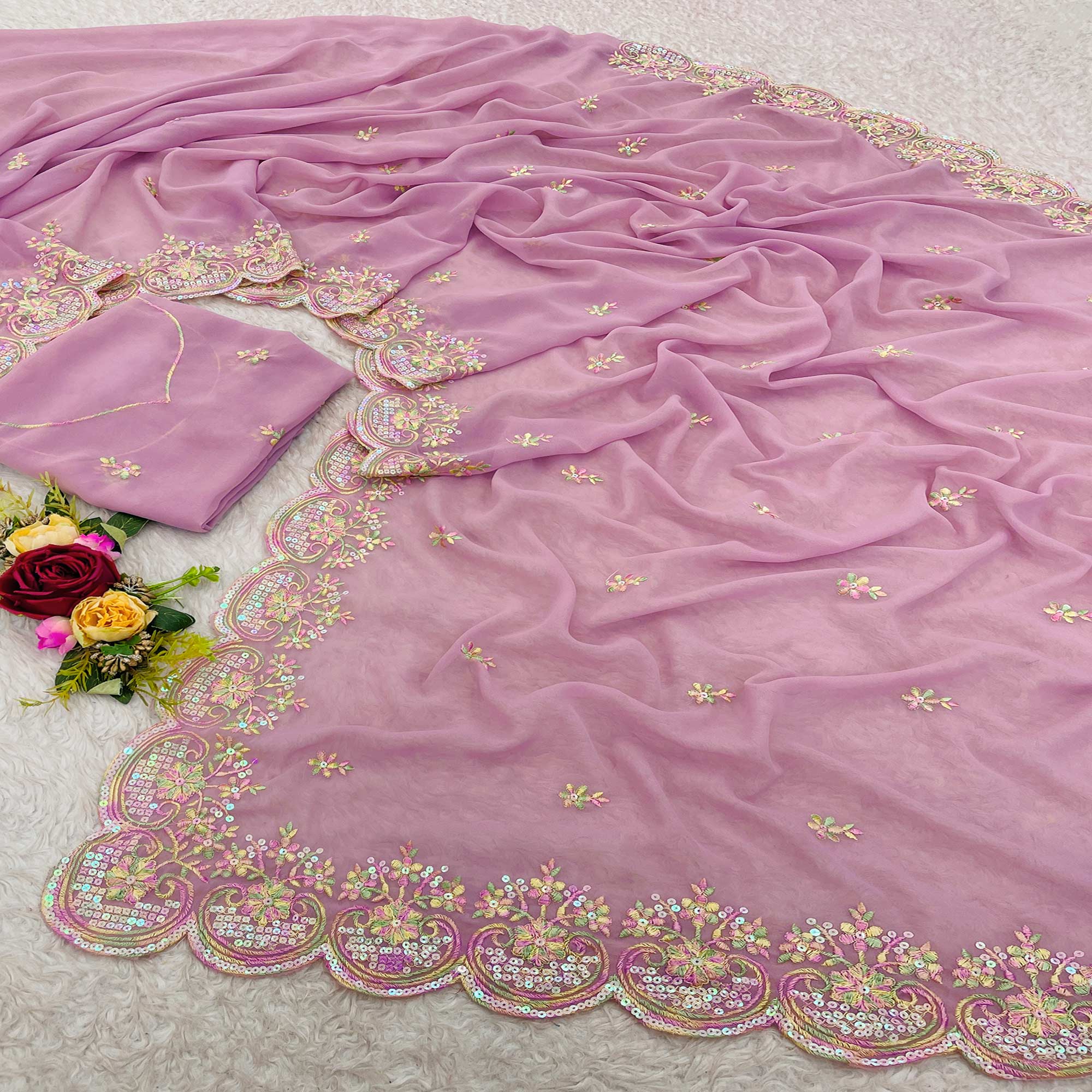 Pink Floral Sequins Embroidered Georgette Saree