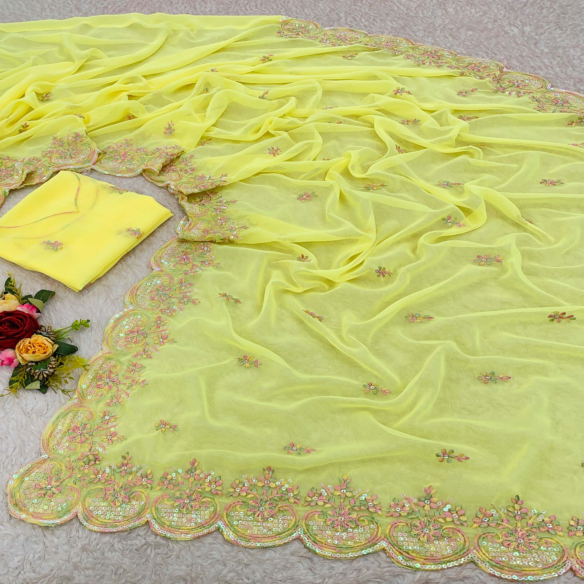 Yellow Floral Sequins Embroidered Georgette Saree