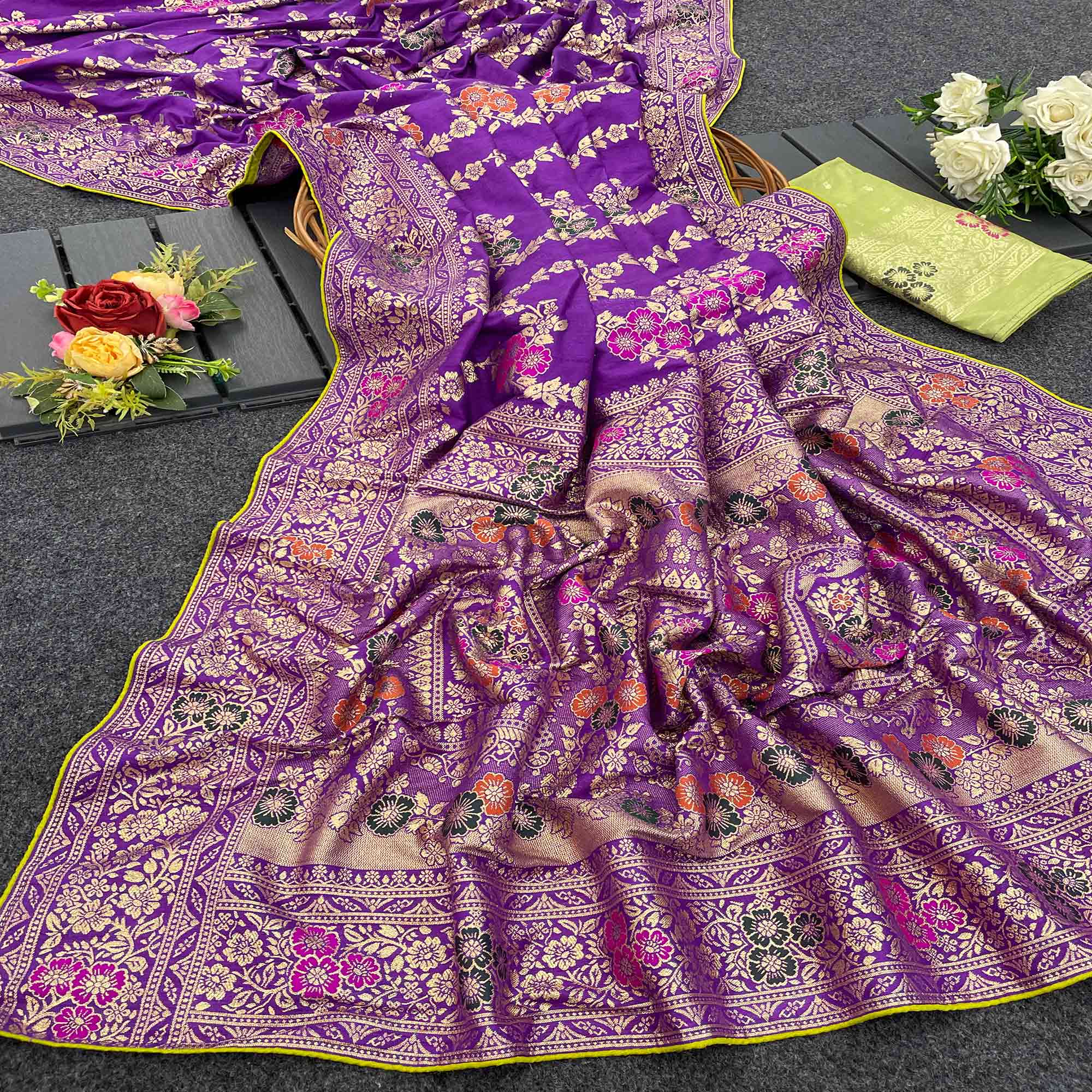 Purple Floral Zari Design Woven Dola Silk Saree