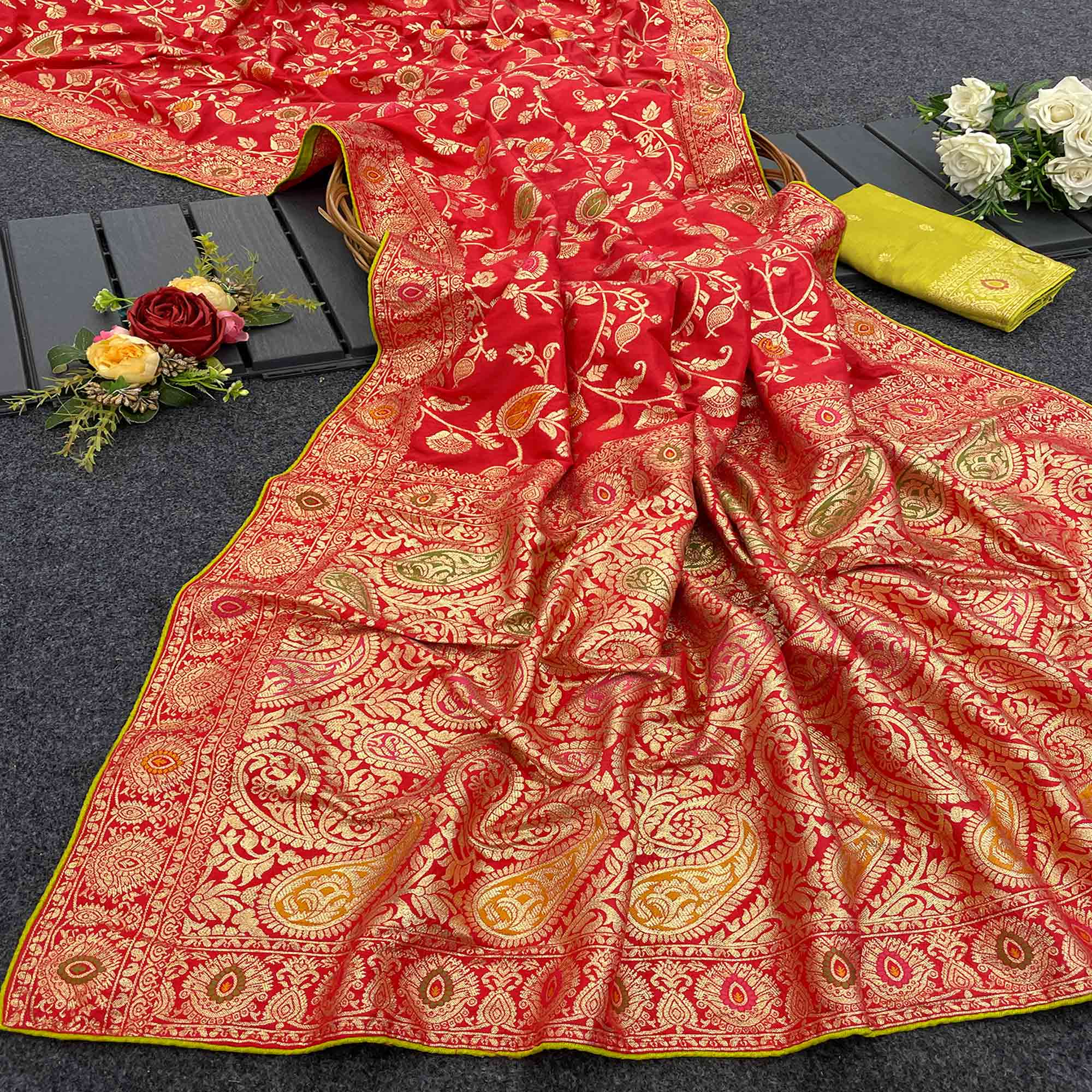 Red Floral Zari Work Woven Dola Silk Saree