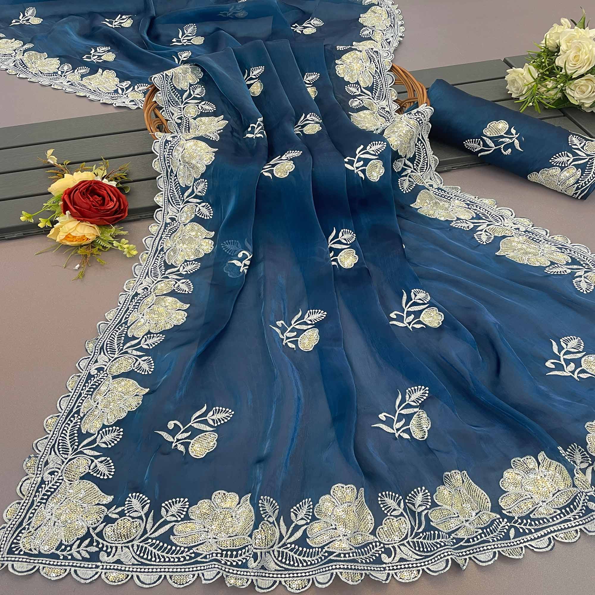Blue Floral Embroidered Satin Saree