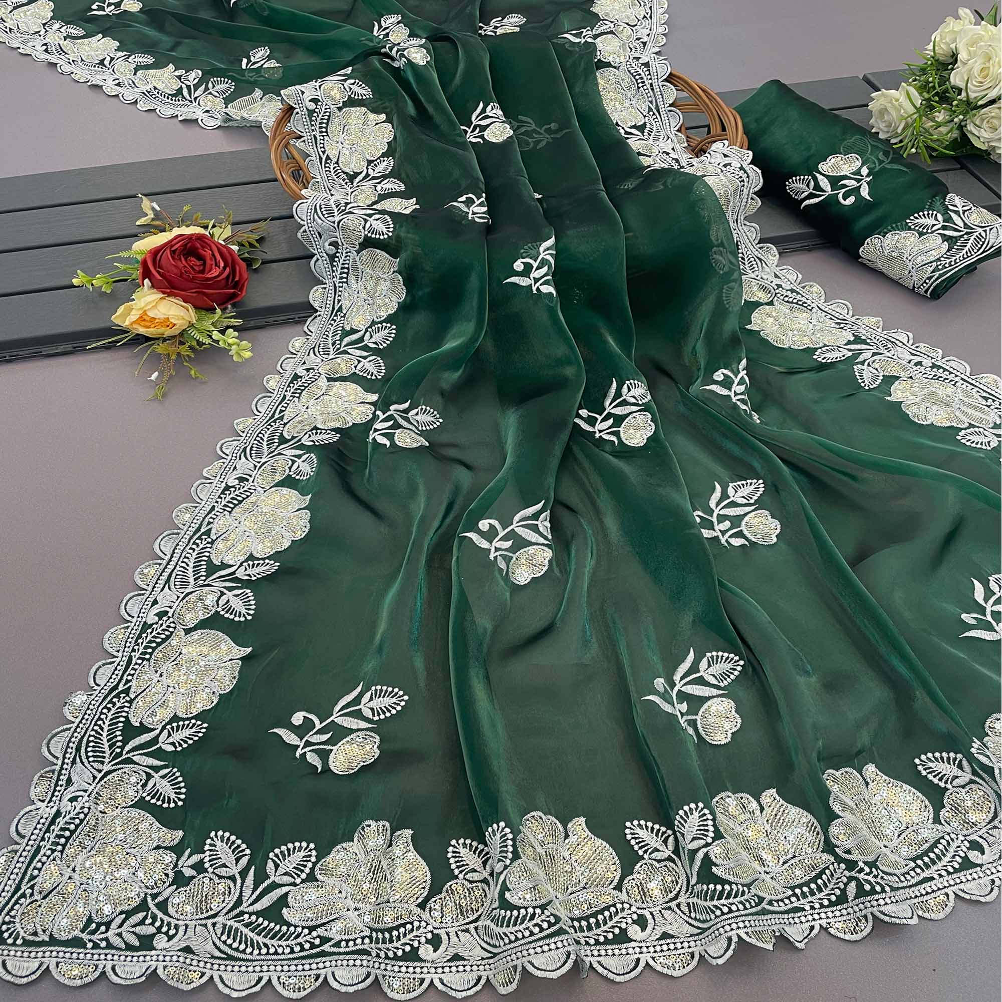 Green Floral Embroidered Satin Saree