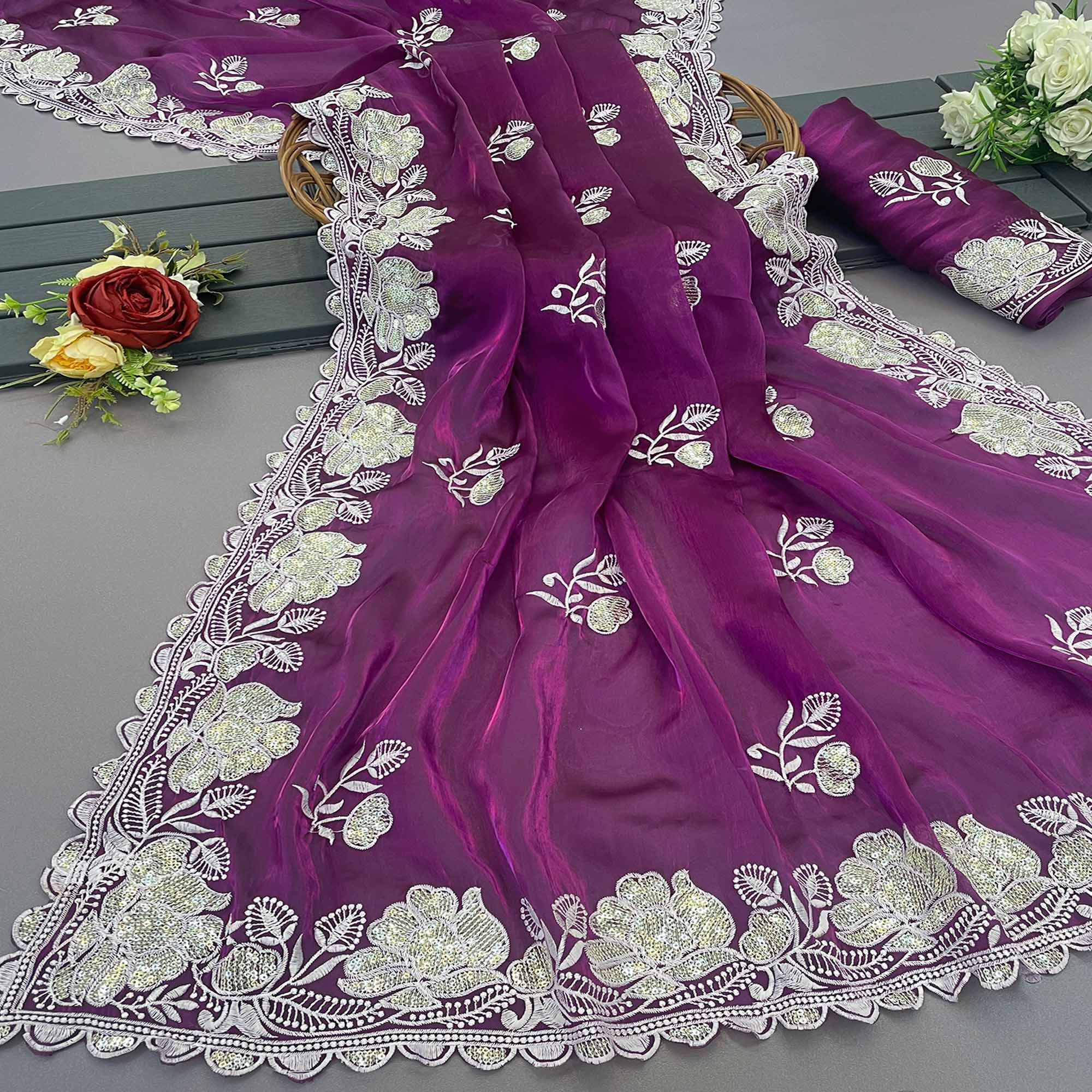 Magenta Floral Embroidered Satin Saree