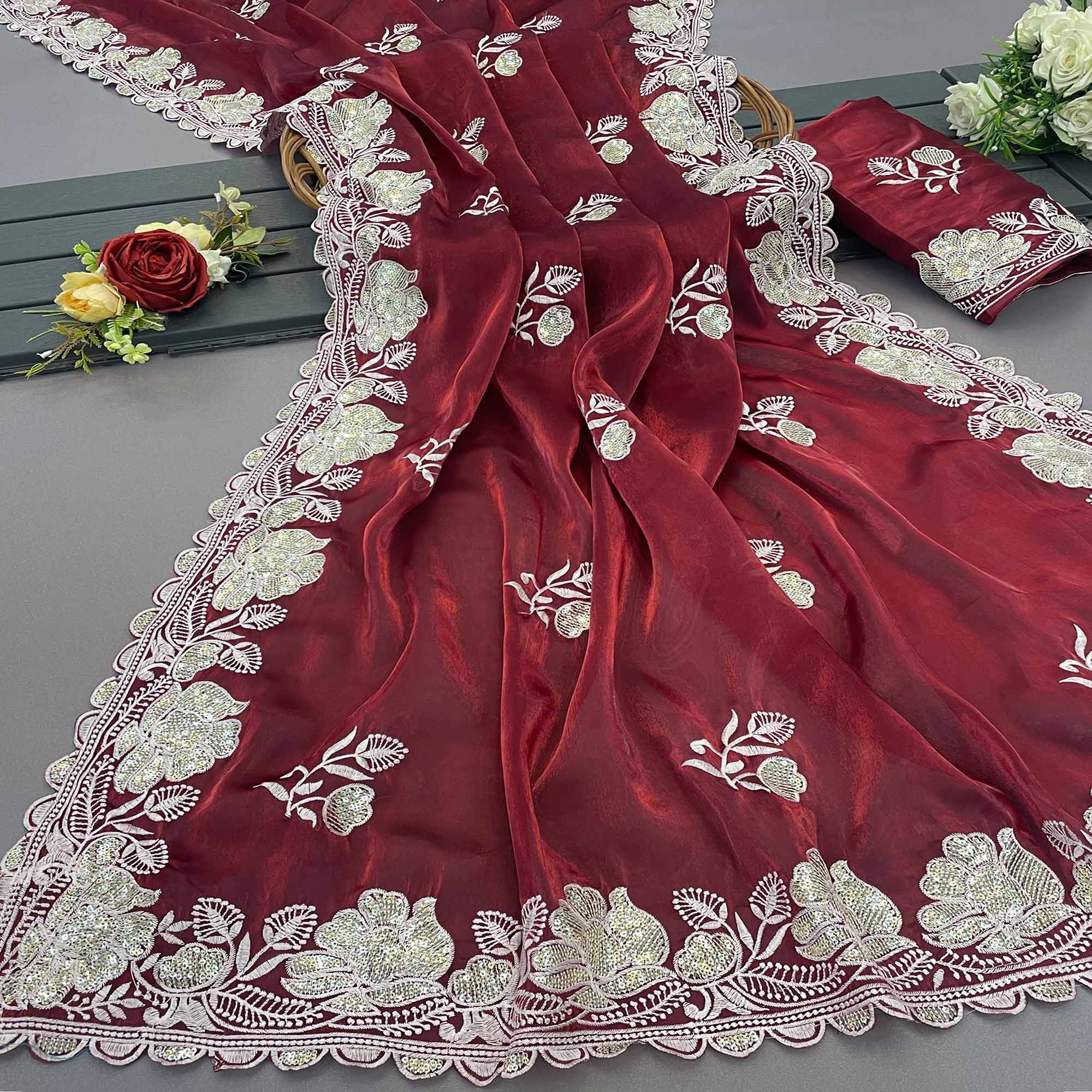 Maroon Floral Embroidered Satin Saree