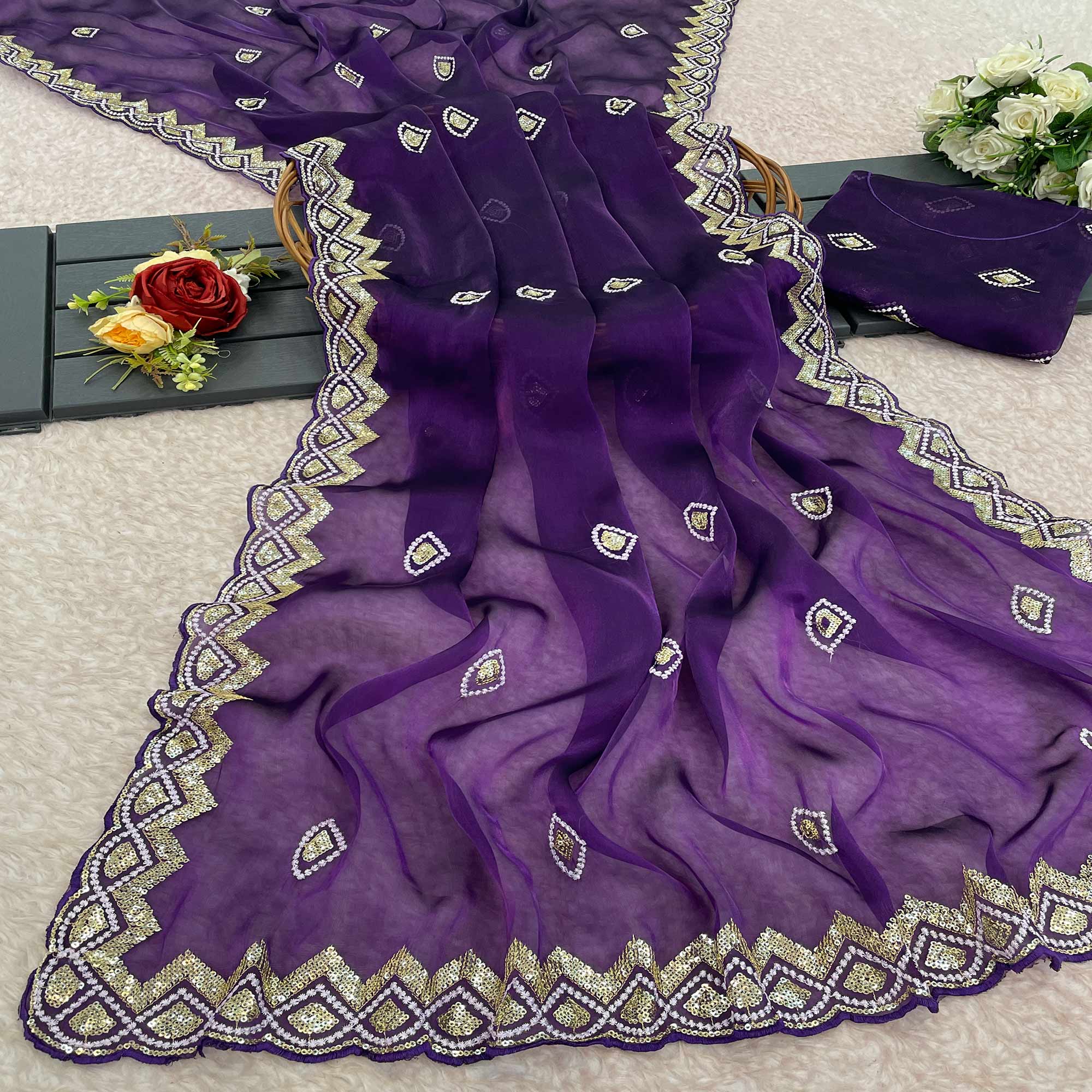 Violet Sequins Embroidered Satin Saree