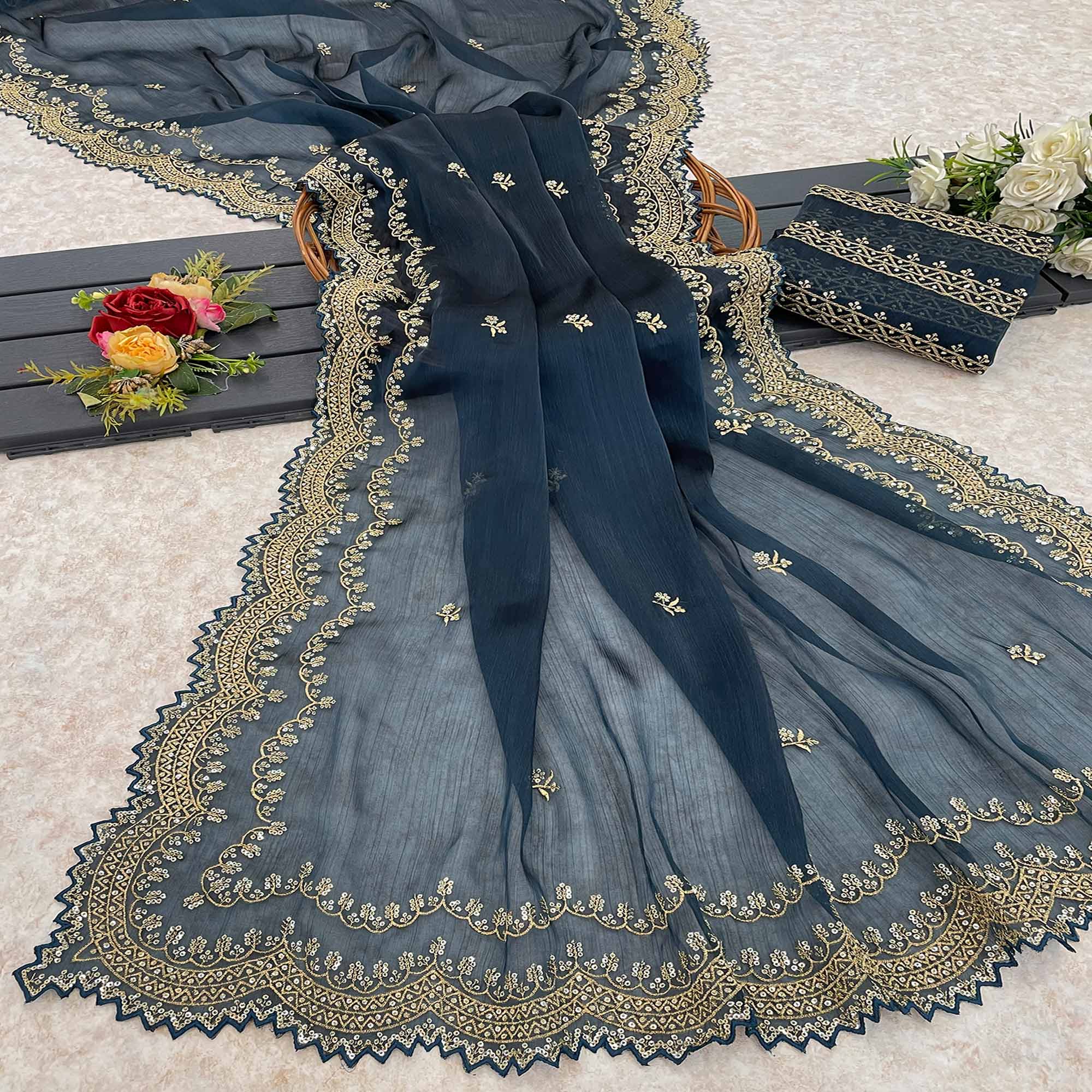 Blue Embroidered Chiffon Saree