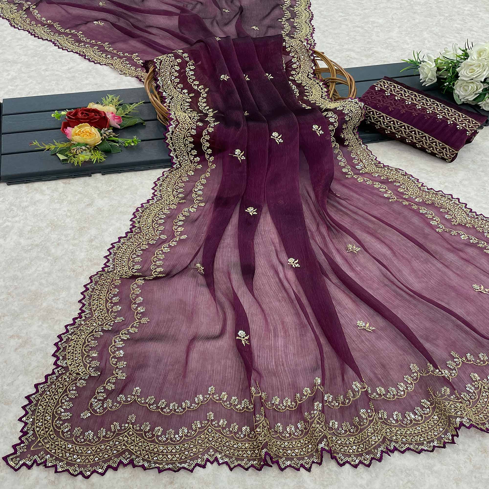 Wine Embroidered Chiffon Saree