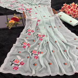 Mint Green Floral Embroidered Chiffon Saree