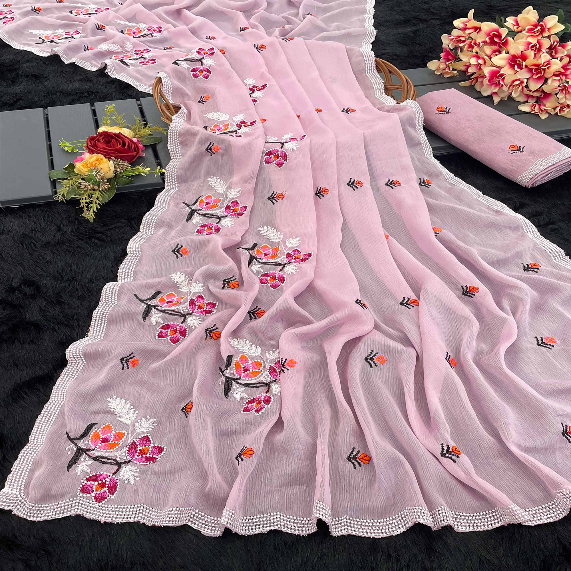 Pink Floral Embroidered Chiffon Saree