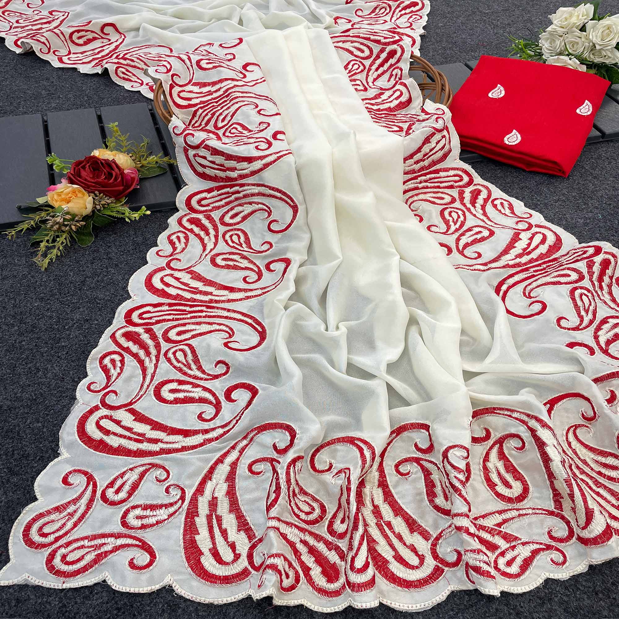 Off White Embroidered Vichitra Silk Saree