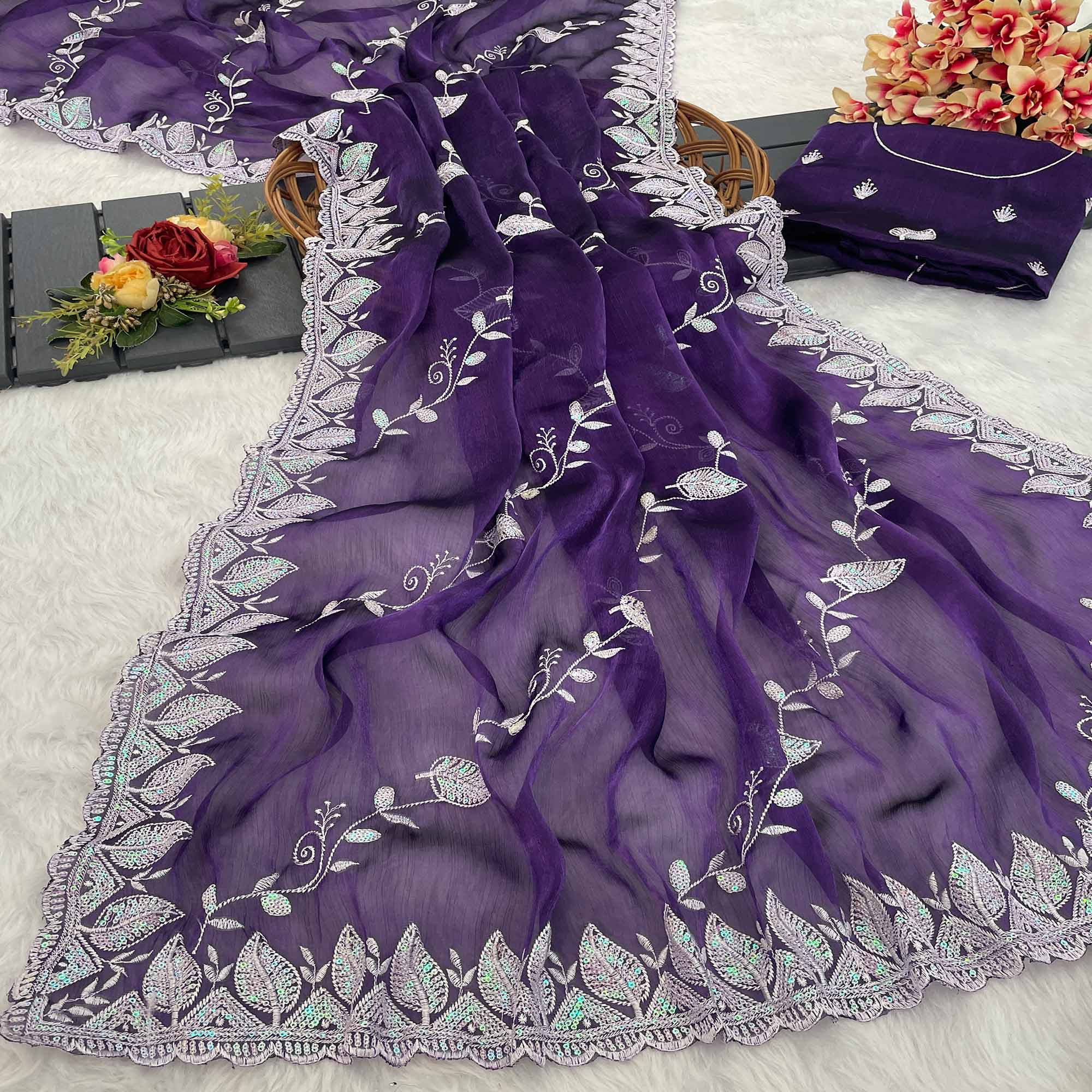 Purple Sequins Embroidered Chiffon Saree