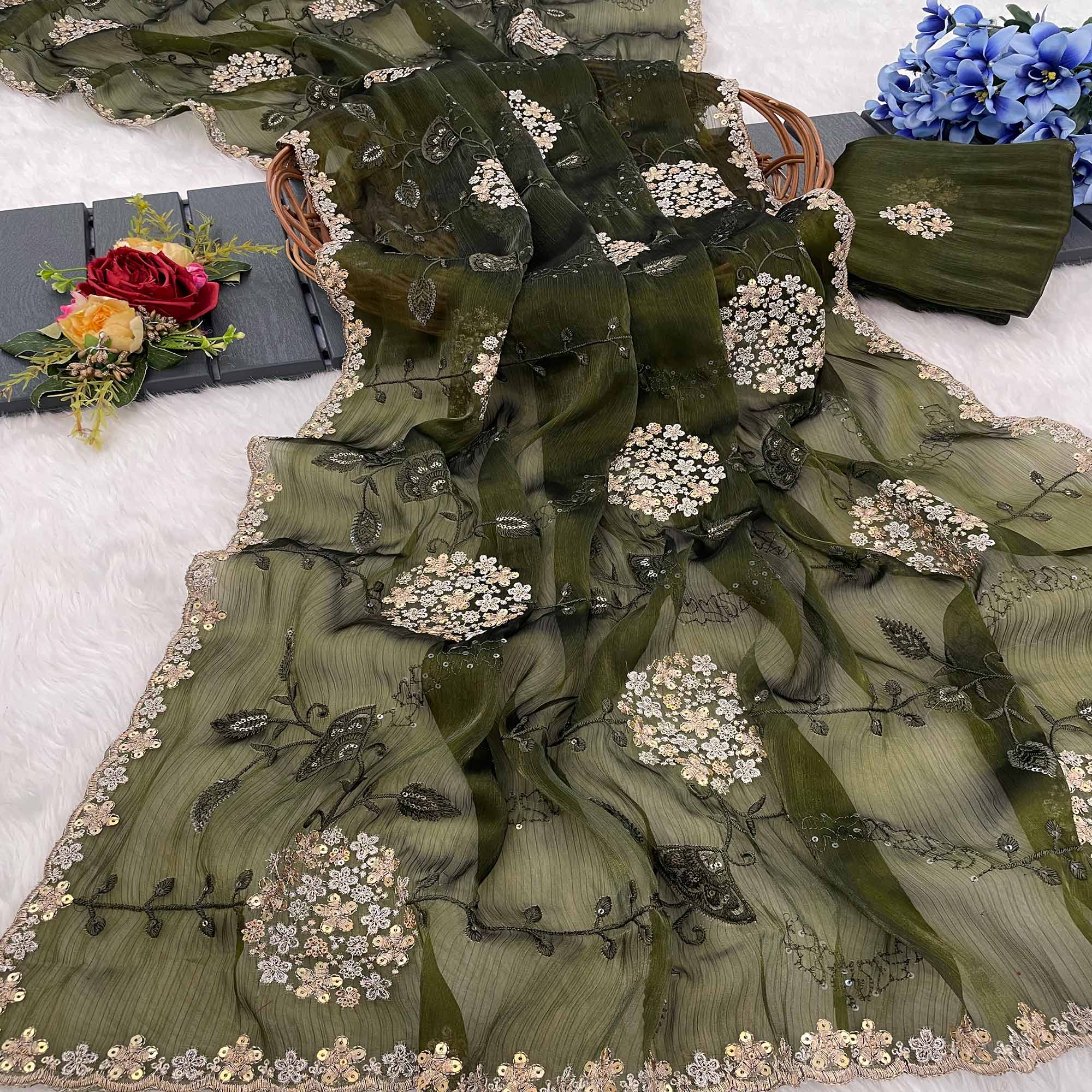 Green Sequins Embroidered Chiffon Saree