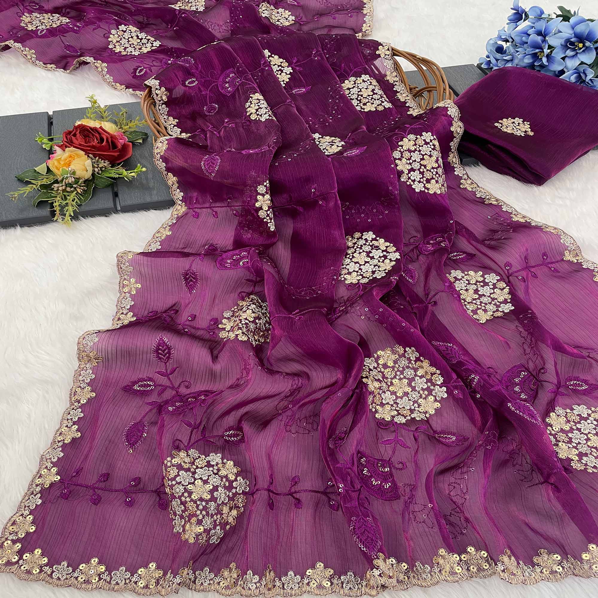 Purple Sequins Embroidered Chiffon Saree