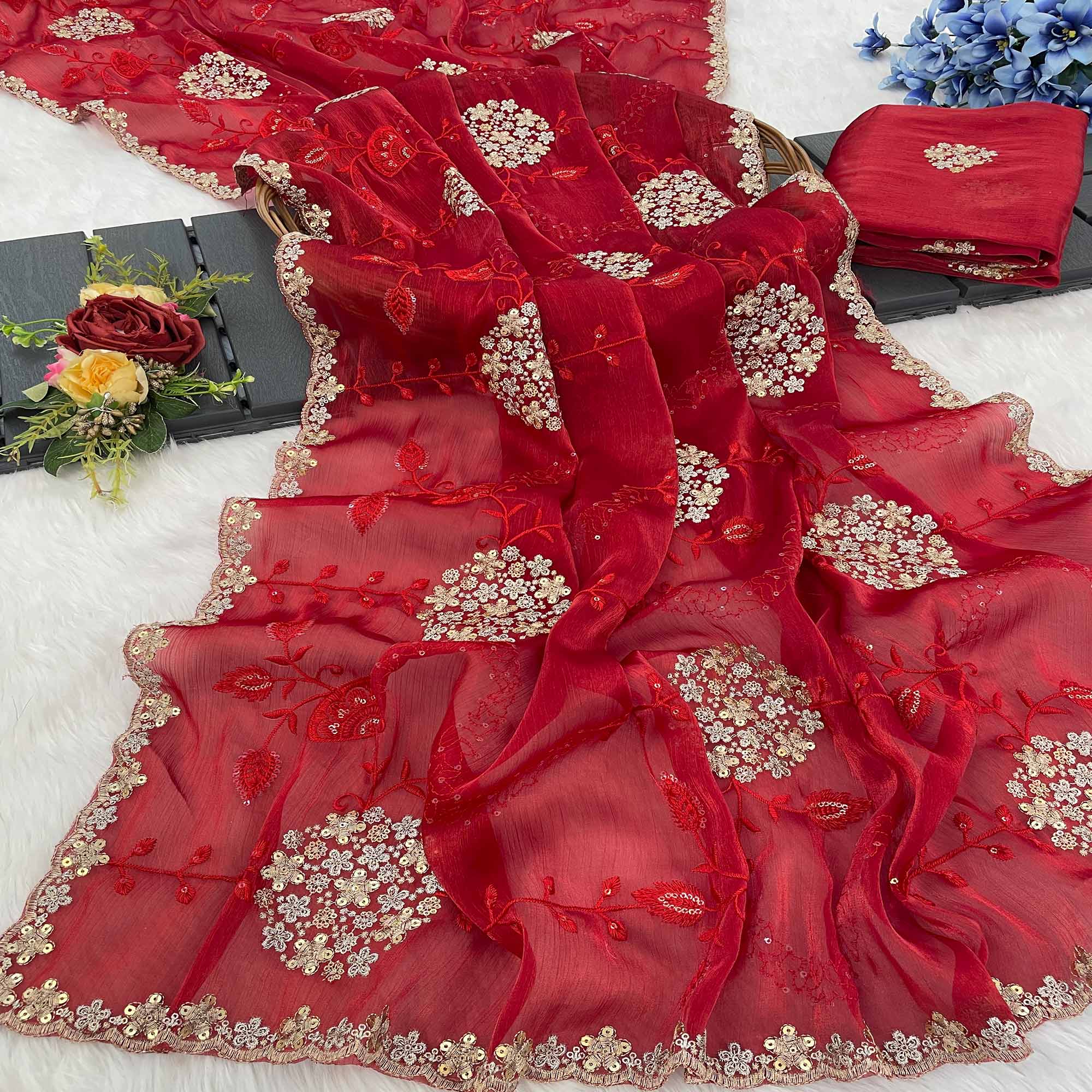 Red Sequins Embroidered Chiffon Saree