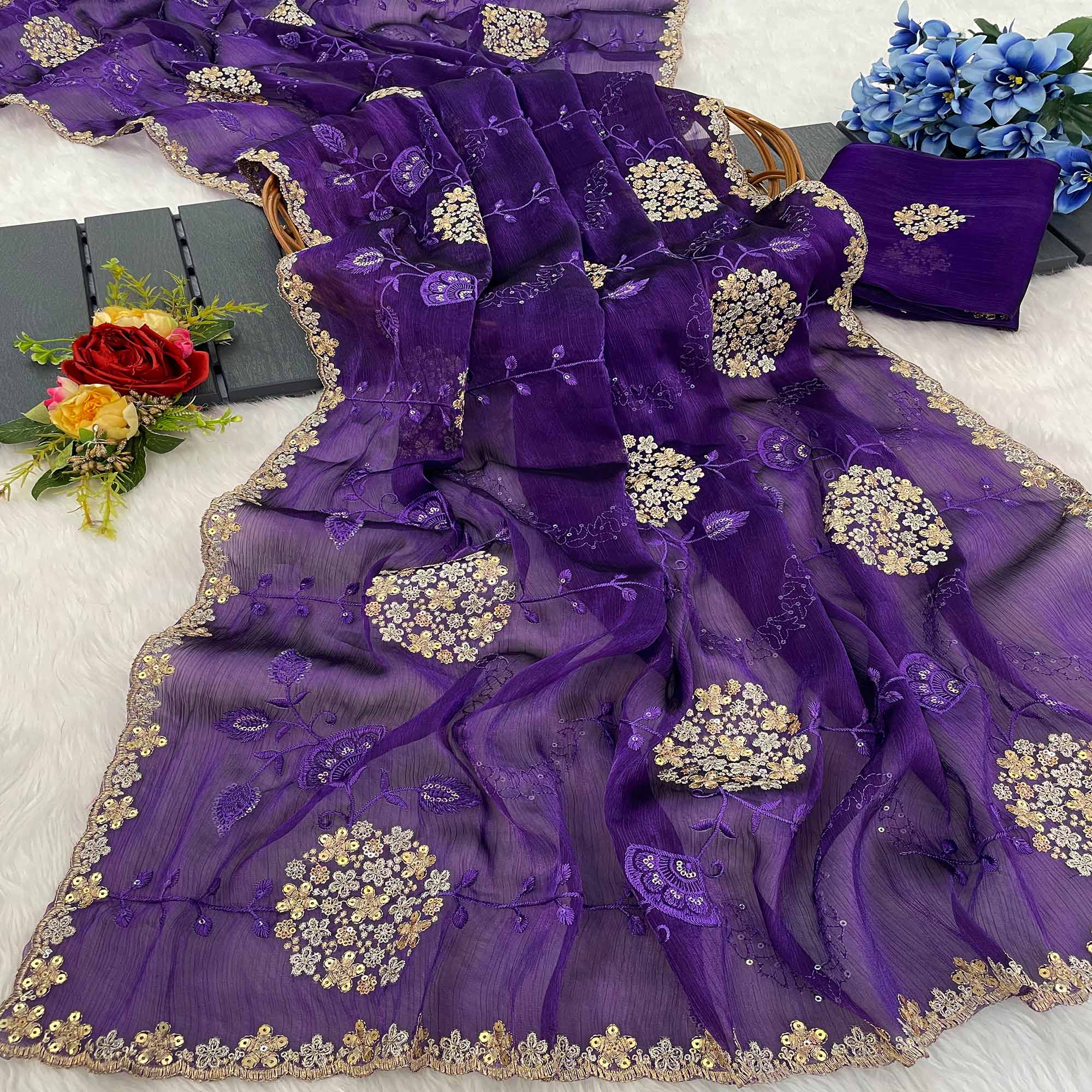 Violet Sequins Embroidered Chiffon Saree