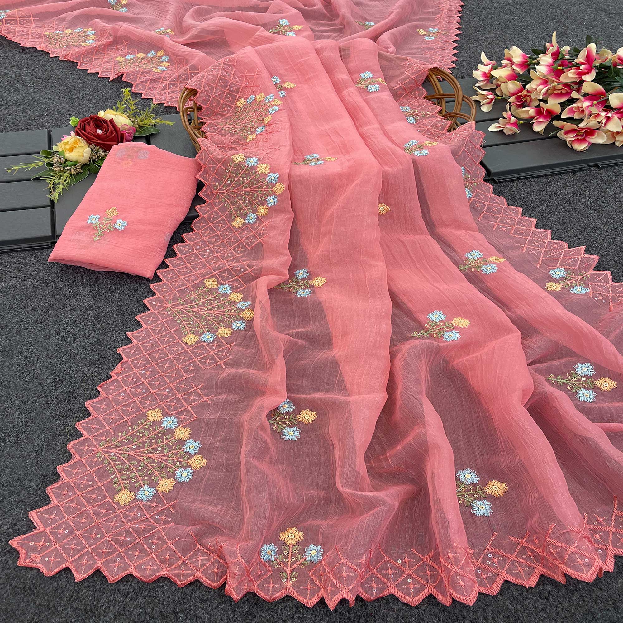 Peach Floral Sequins Embroidered Art Silk Crush Saree