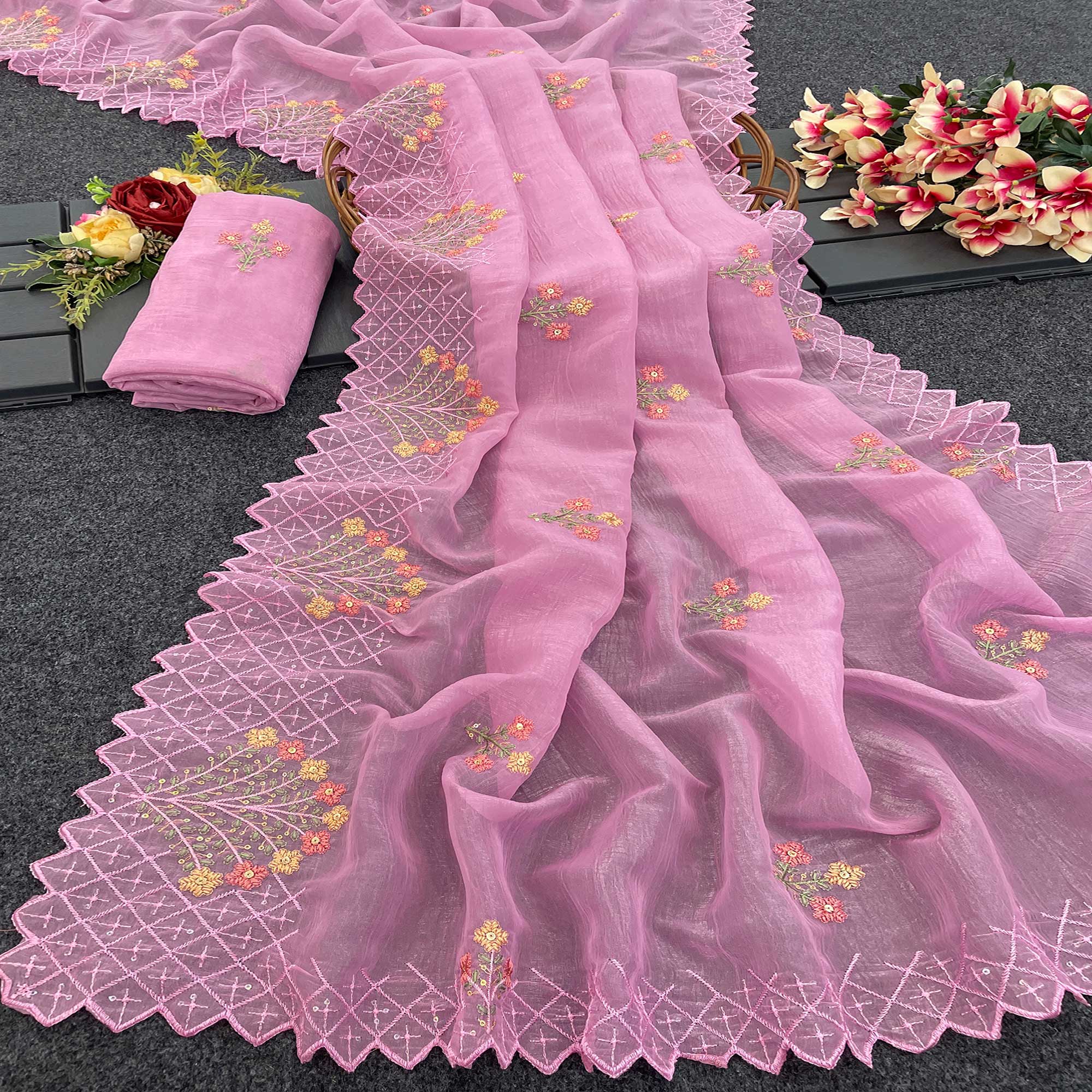 Pink Floral Sequins Embroidered Art Silk Crush Saree