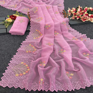 Pink Floral Sequins Embroidered Art Silk Crush Saree
