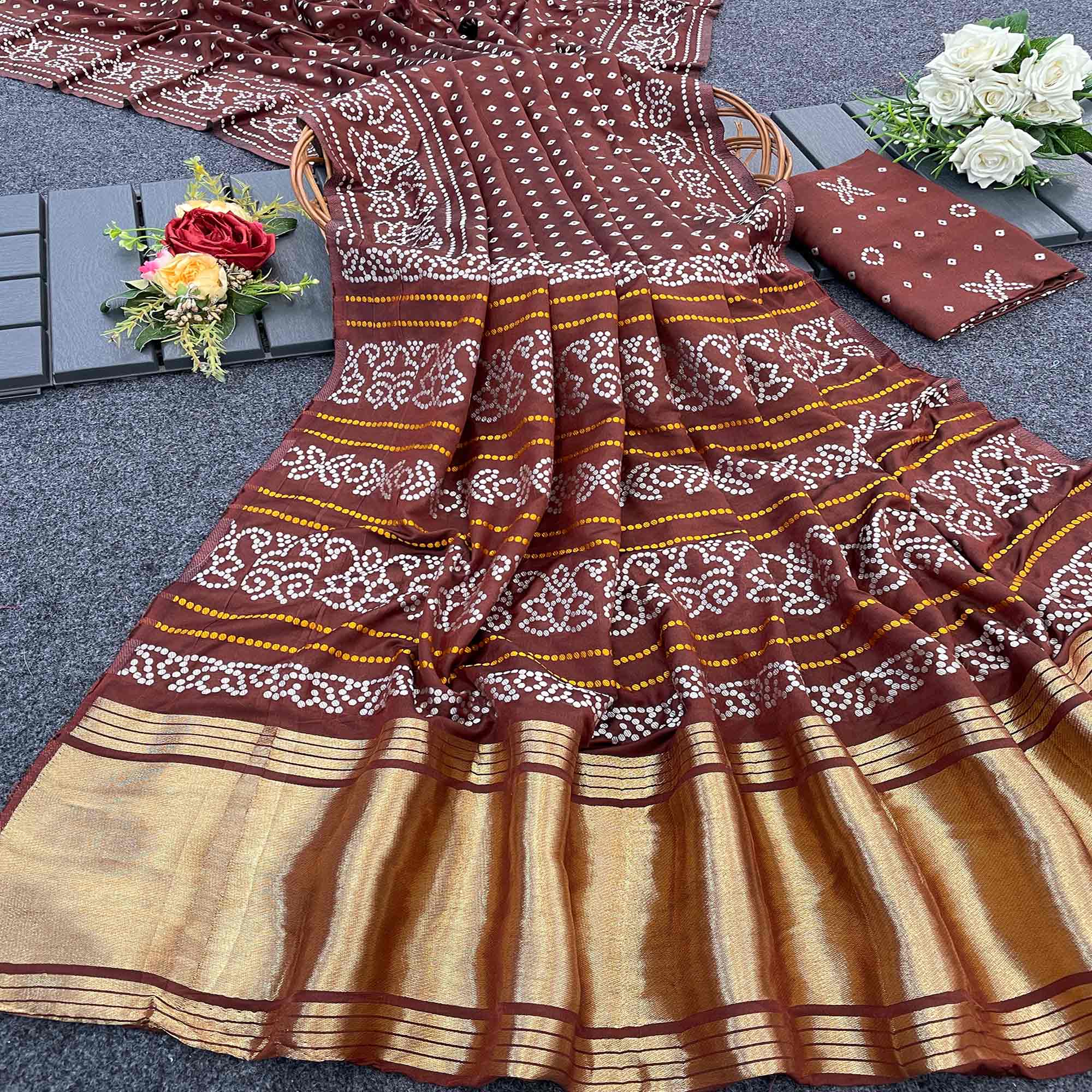 Brown Bandhani Zari Woven Dola Silk Saree