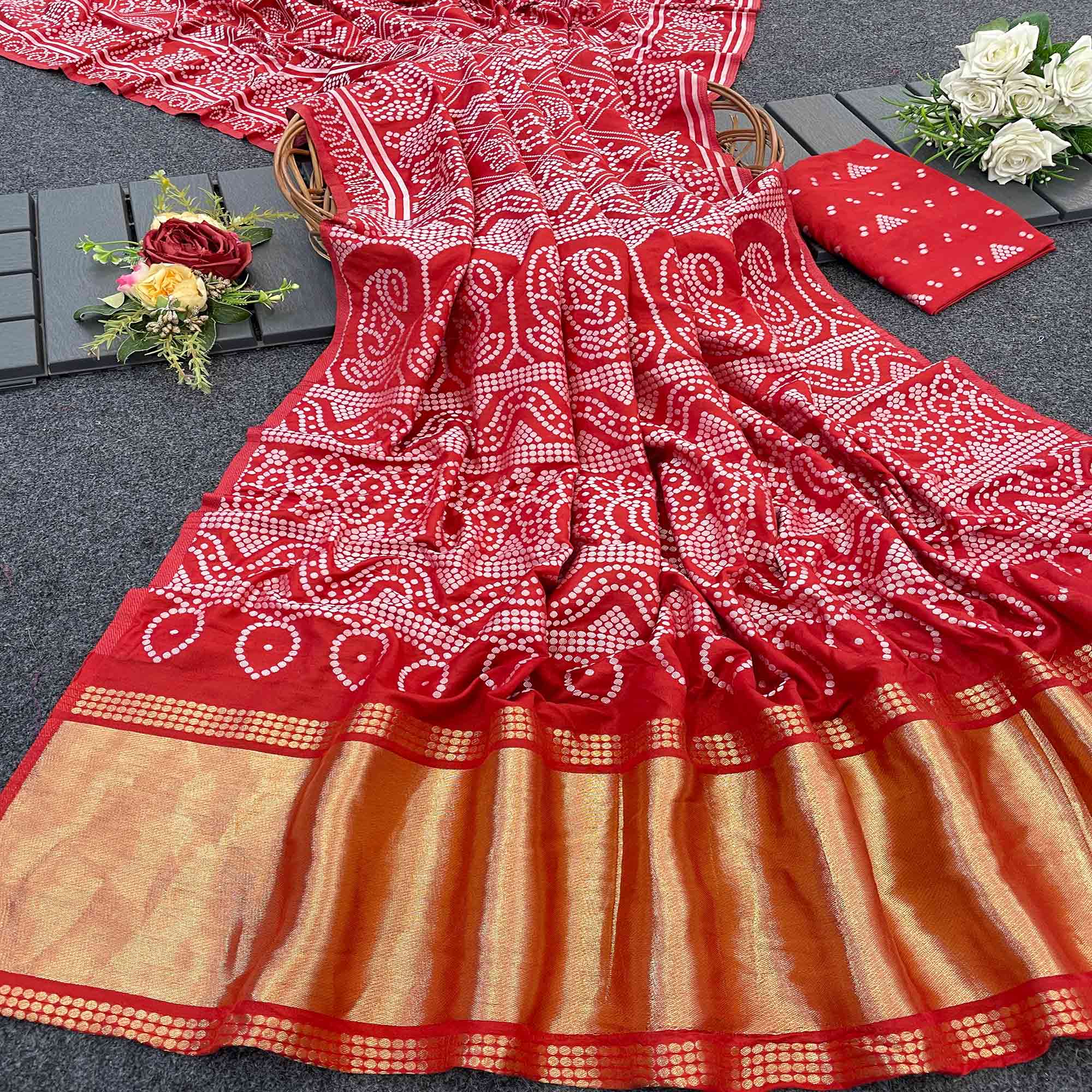 Red Bandhani Zari Woven Dola Silk Saree