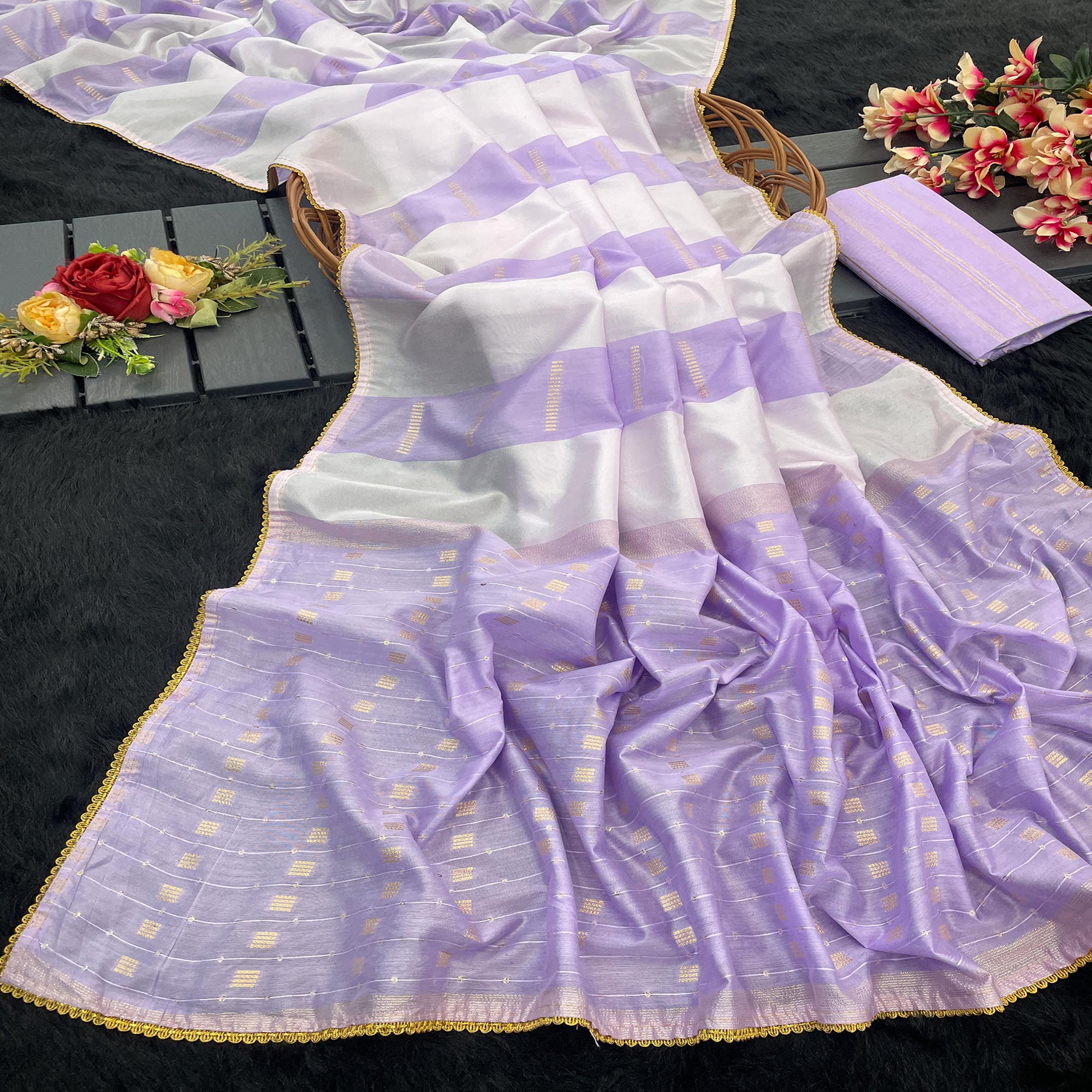 Lavender Zari Woven With Sequins Work Tussar Silk Saree With Lace Border