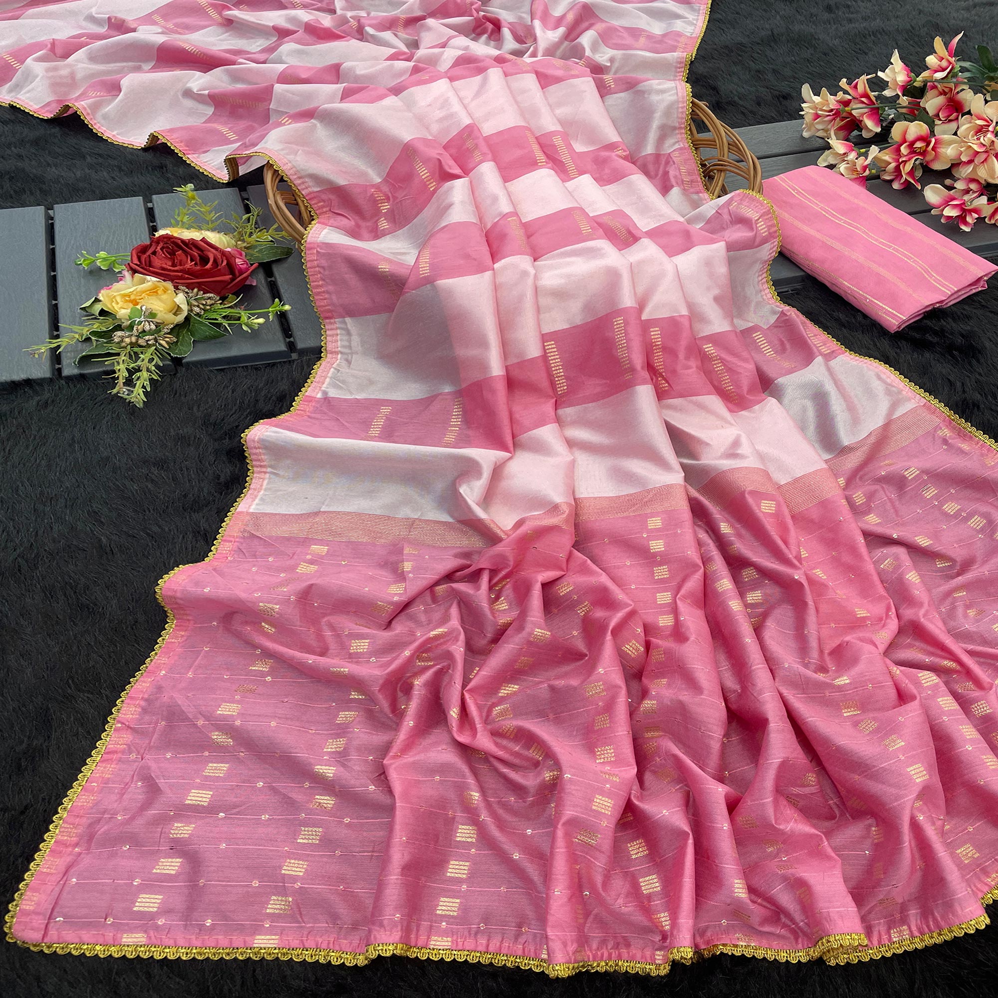 Pink Zari Woven With Sequins Work Tussar Silk Saree With Lace Border