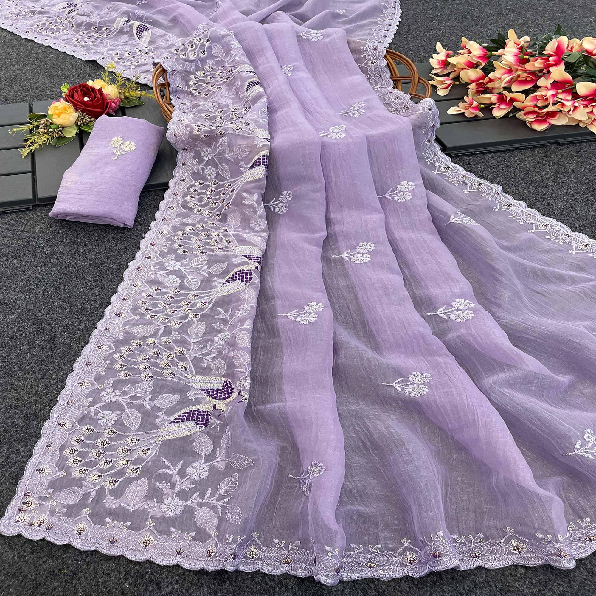 Light Lavender Floral Sequins Embroidered Art Silk Crush Saree