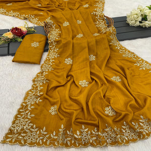 Mustard Floral Sequins Embroidered Chinon Saree