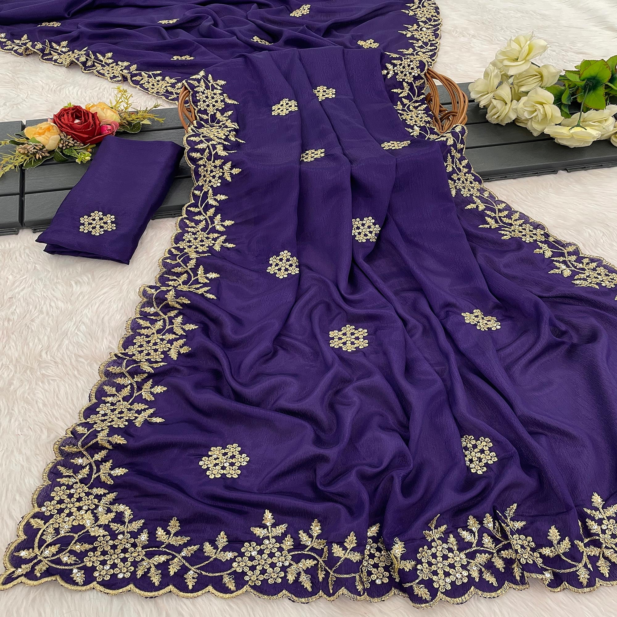 Purple Floral Sequins Embroidered Chinon Saree
