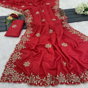 Red Floral Sequins Embroidered Chinon Saree